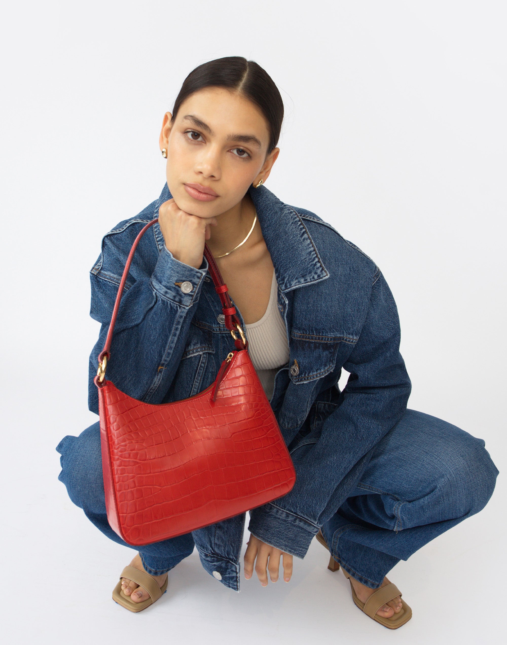 Hyer Goods - Luxe Medium Shoulder Bag - Bright Red Croco -
