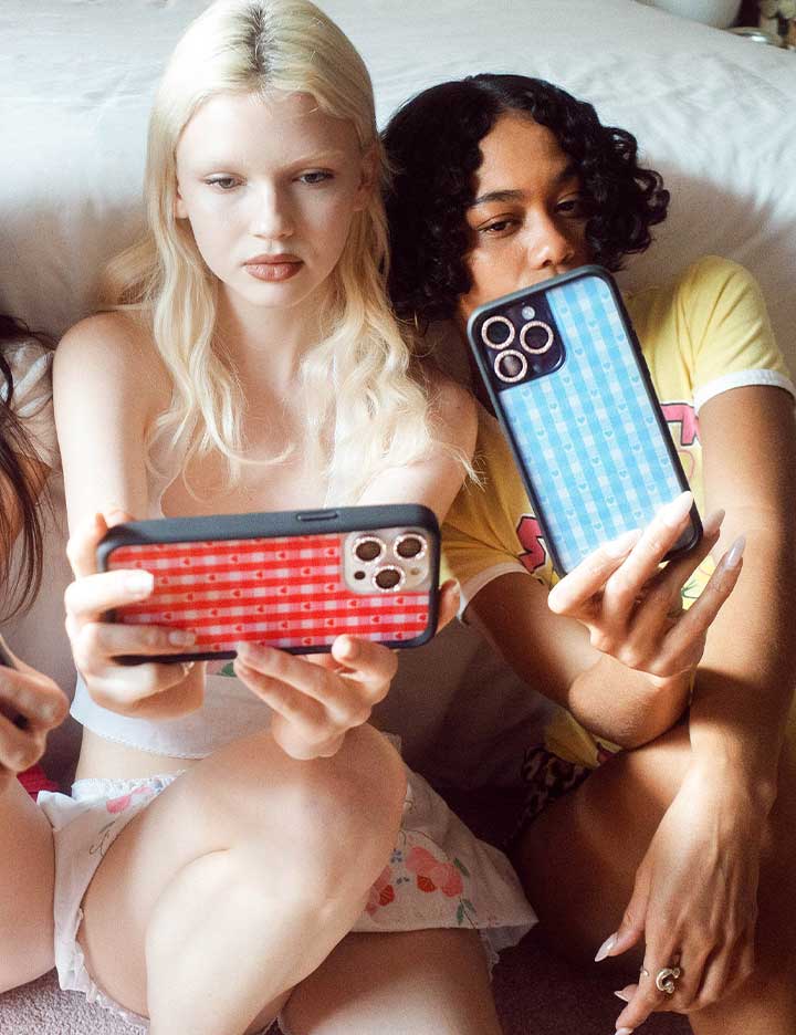 Lifestyle Image 03 Blue Gingham Hearts iPhone Case