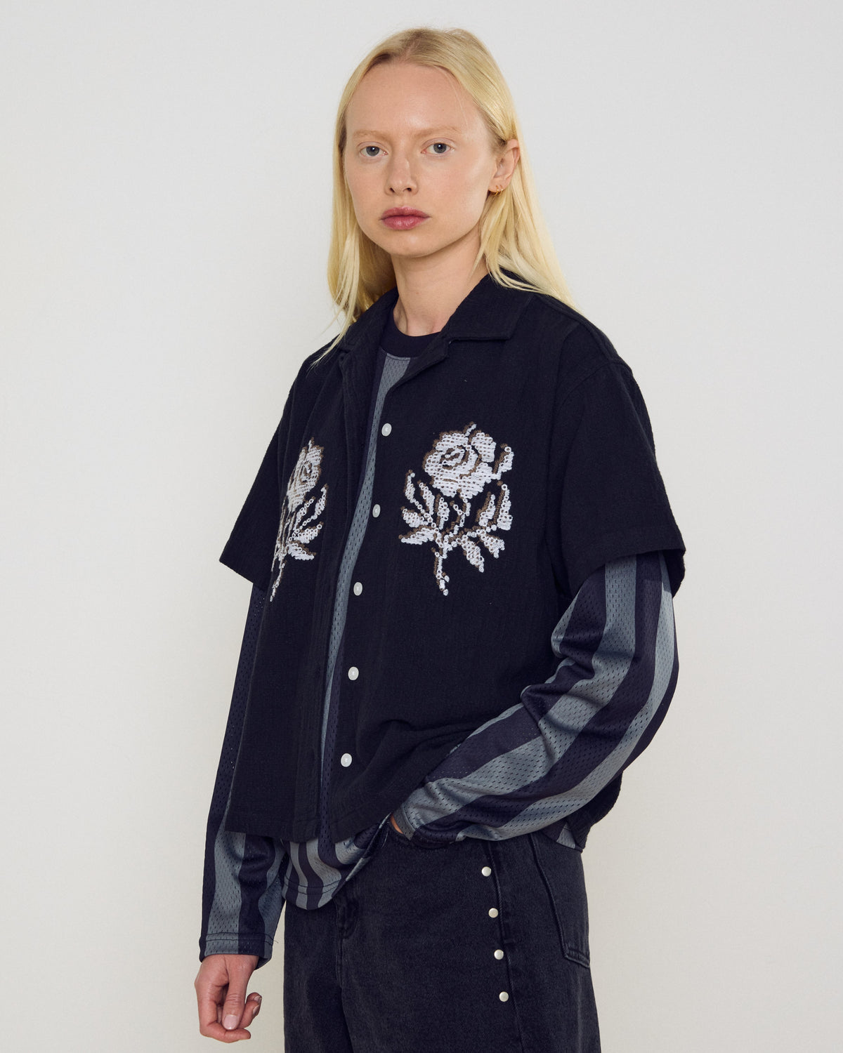 Obey - Roses Embellished Short Sleeve Shirt - Off Black -