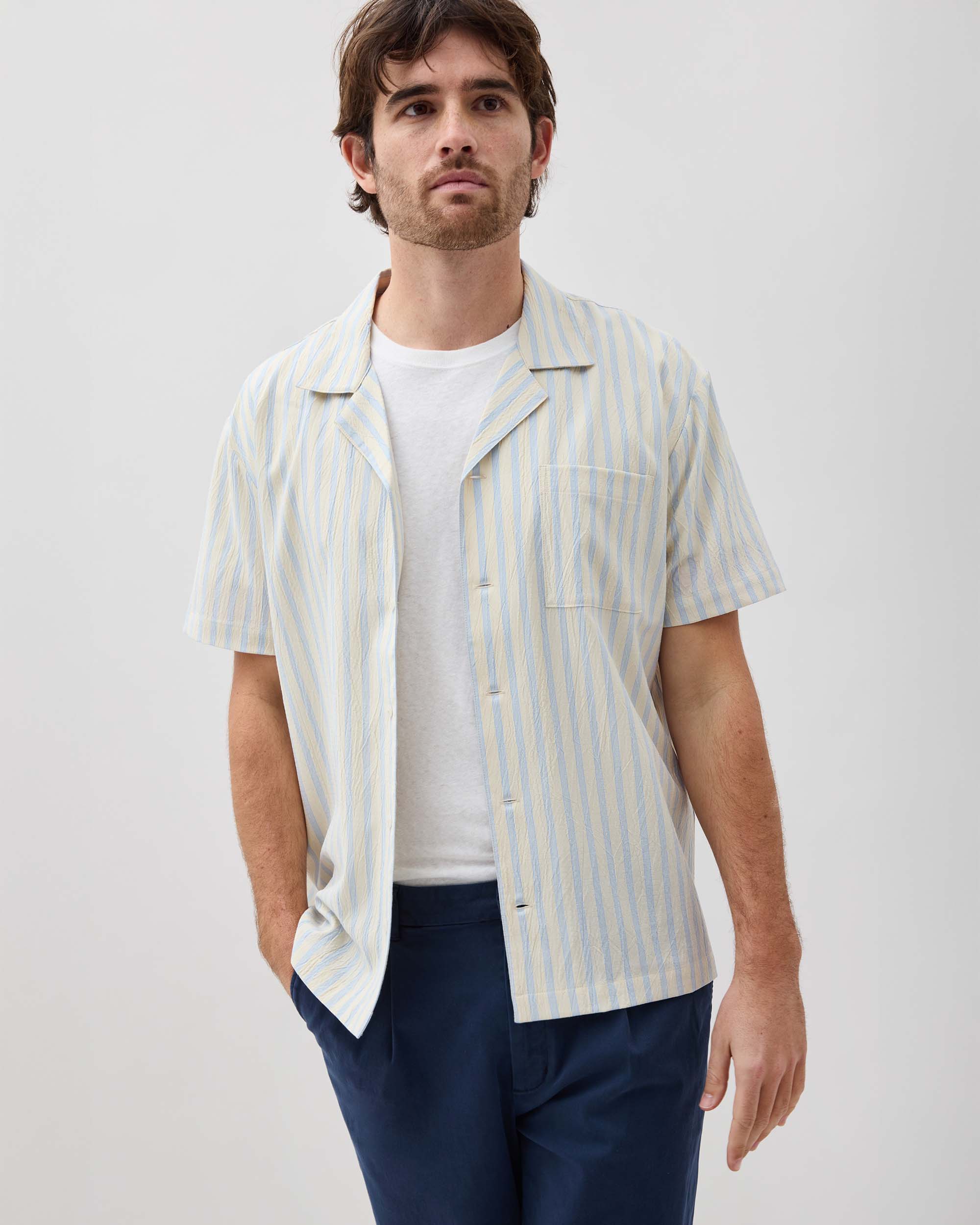 Richer Poorer - Mens Palermo Short Sleeve Camp Shirt - Vanilla Blue Stripe - VANILLA BLUE STRIPE