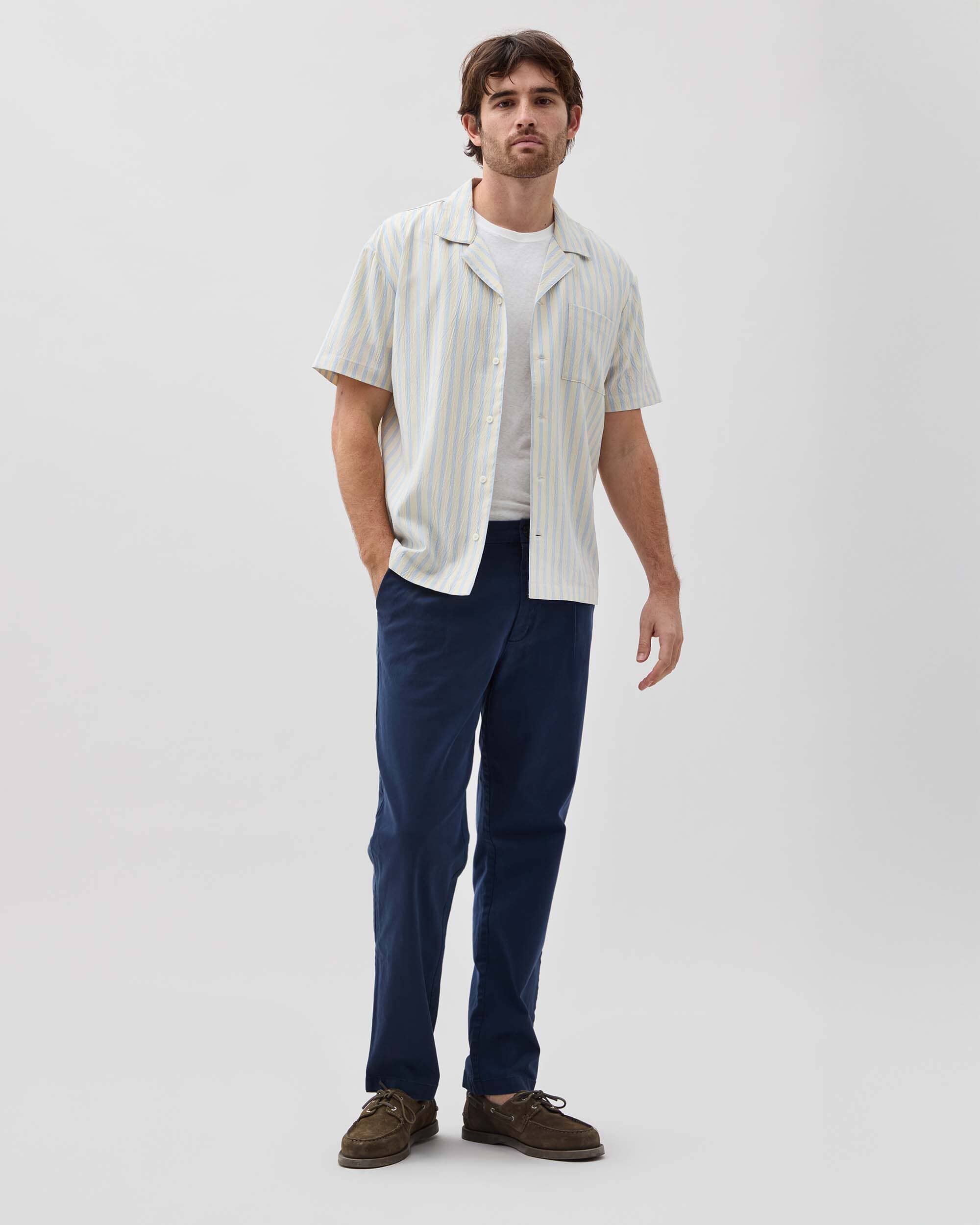 Richer Poorer - Mens Palermo Short Sleeve Camp Shirt - Vanilla Blue Stripe -