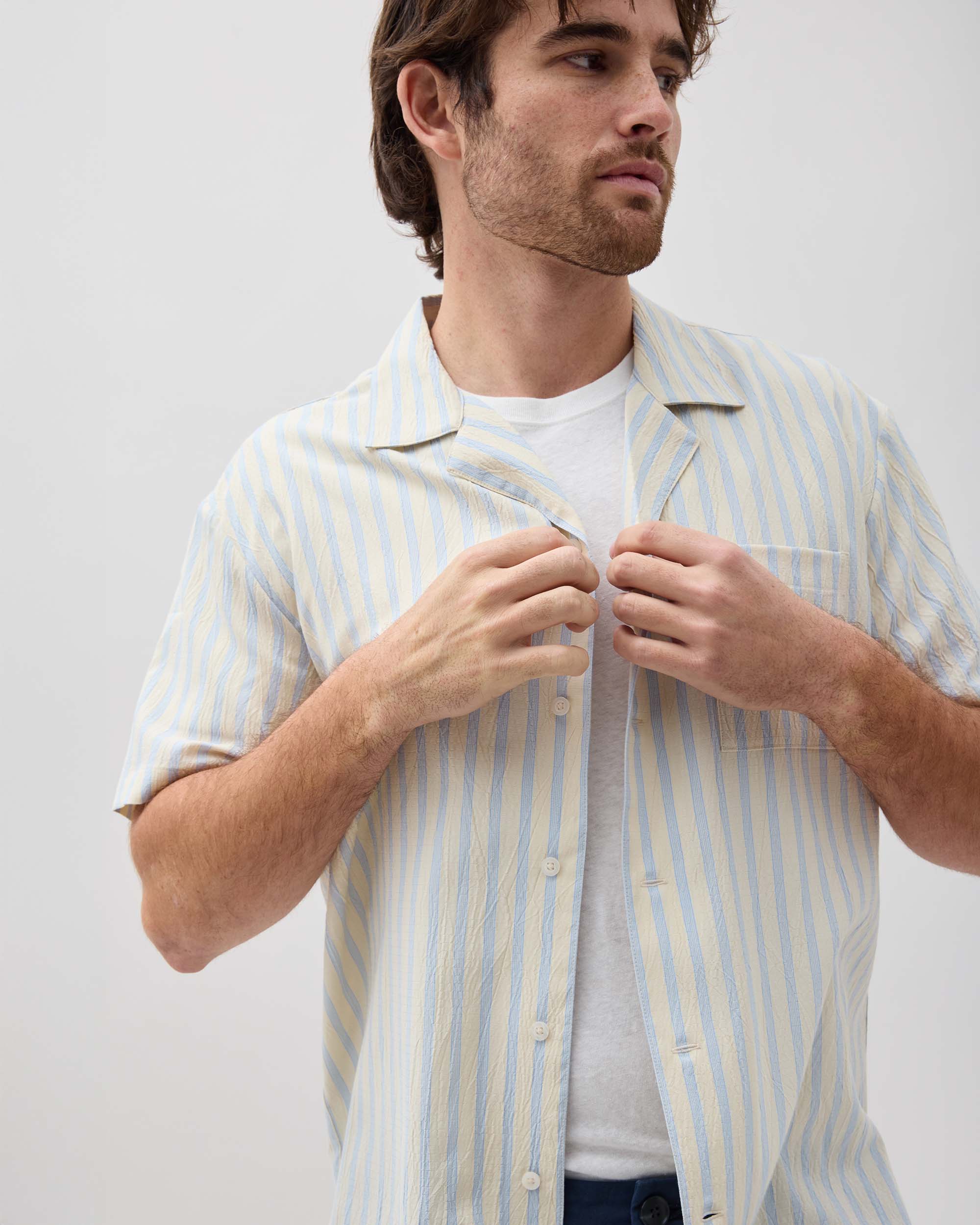 Richer Poorer - Mens Palermo Short Sleeve Camp Shirt - Vanilla Blue Stripe -