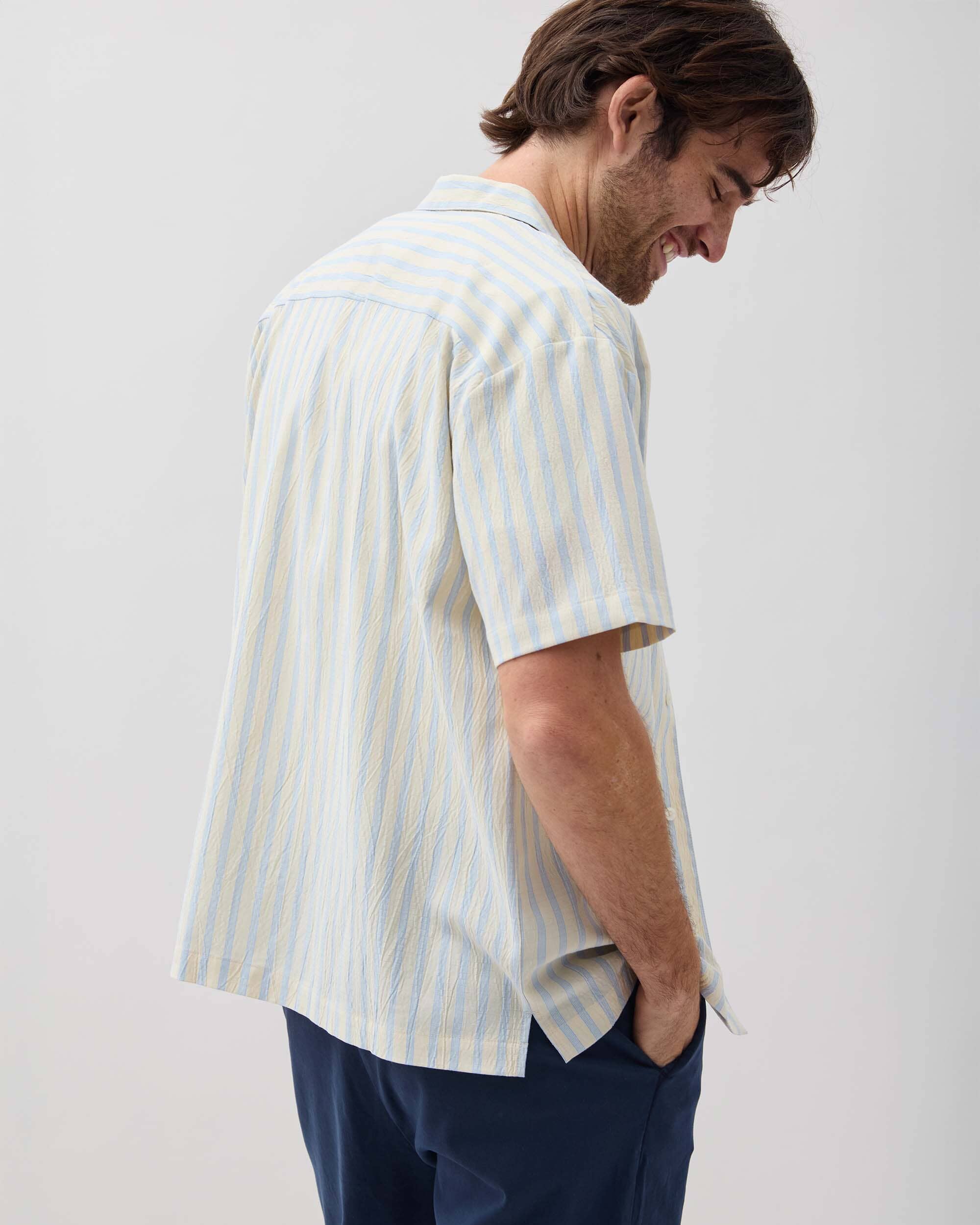 Richer Poorer - Mens Palermo Short Sleeve Camp Shirt - Vanilla Blue Stripe -