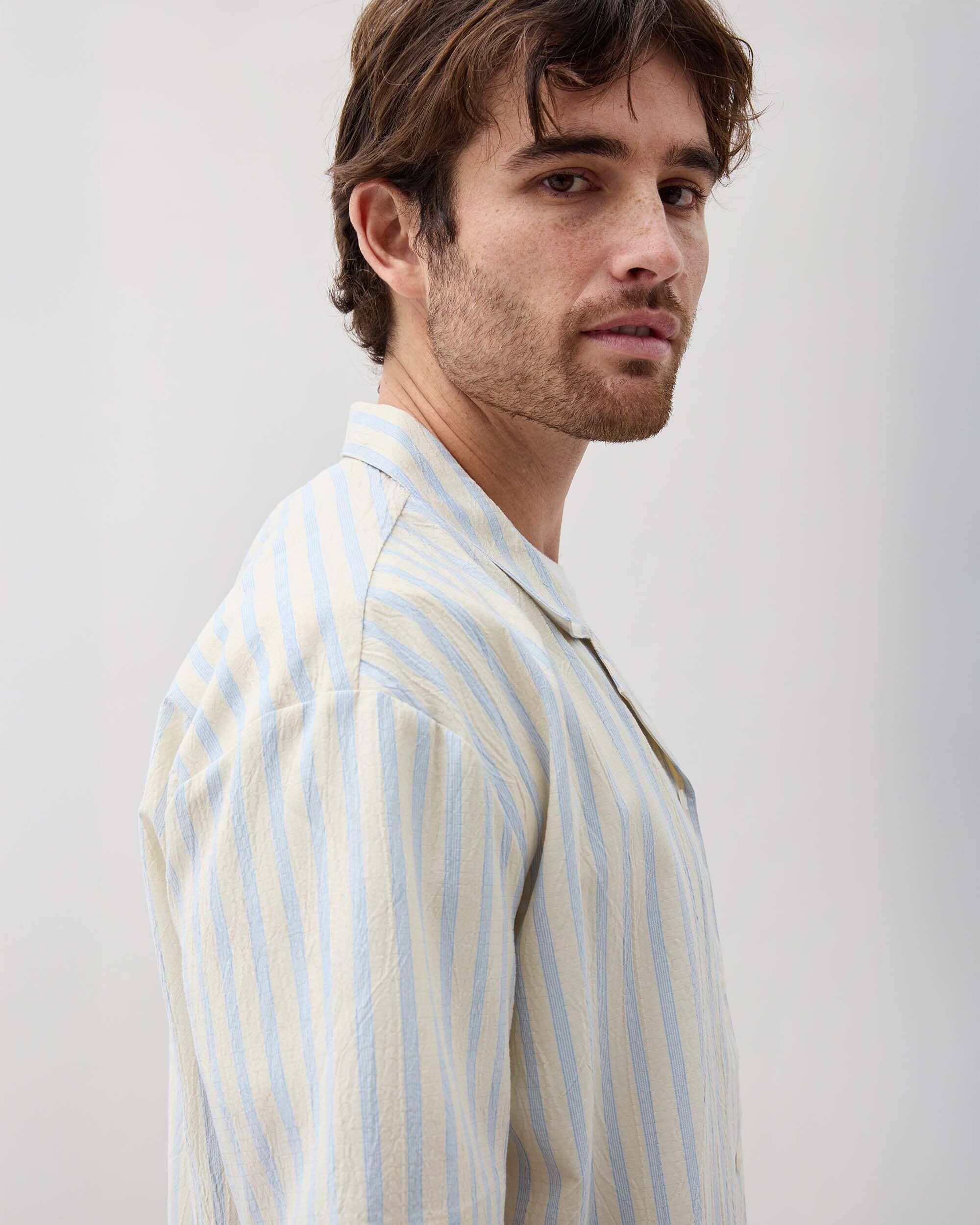Richer Poorer - Mens Palermo Short Sleeve Camp Shirt - Vanilla Blue Stripe -