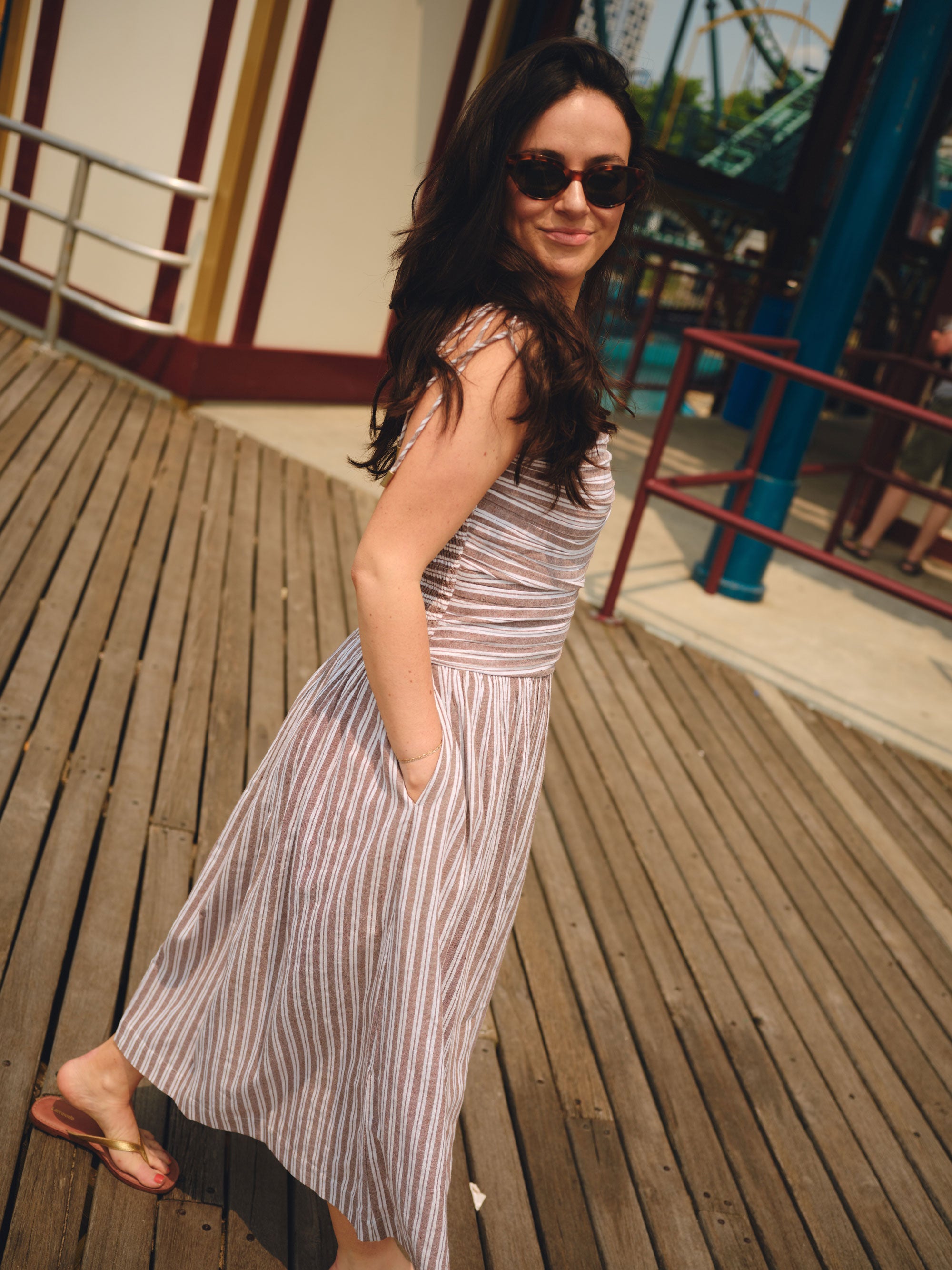 Nelle Atelier - The Caroline Petite Drop Waist Maxi Dress - Chocolate Stripe -