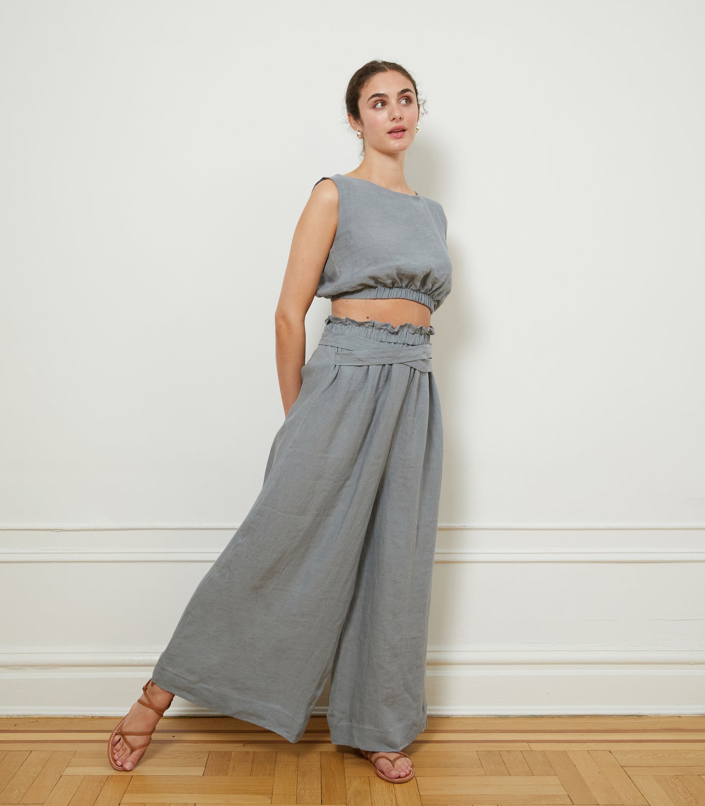 Loup - Andy Draped Wide Linen Pants - Blue -