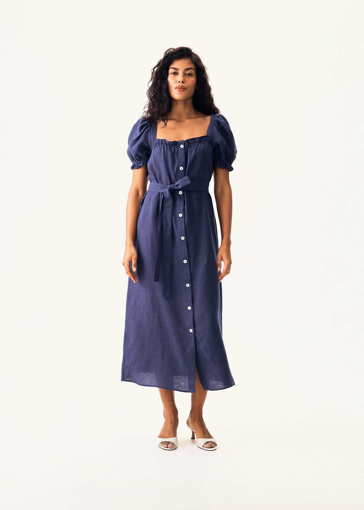 Sleeper - Brigitte Linen Midi Dress - Navy -
