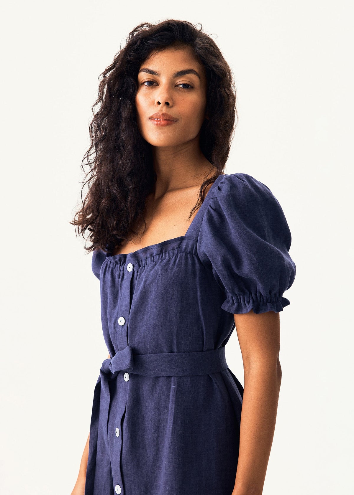 Sleeper - Brigitte Linen Midi Dress - Navy -