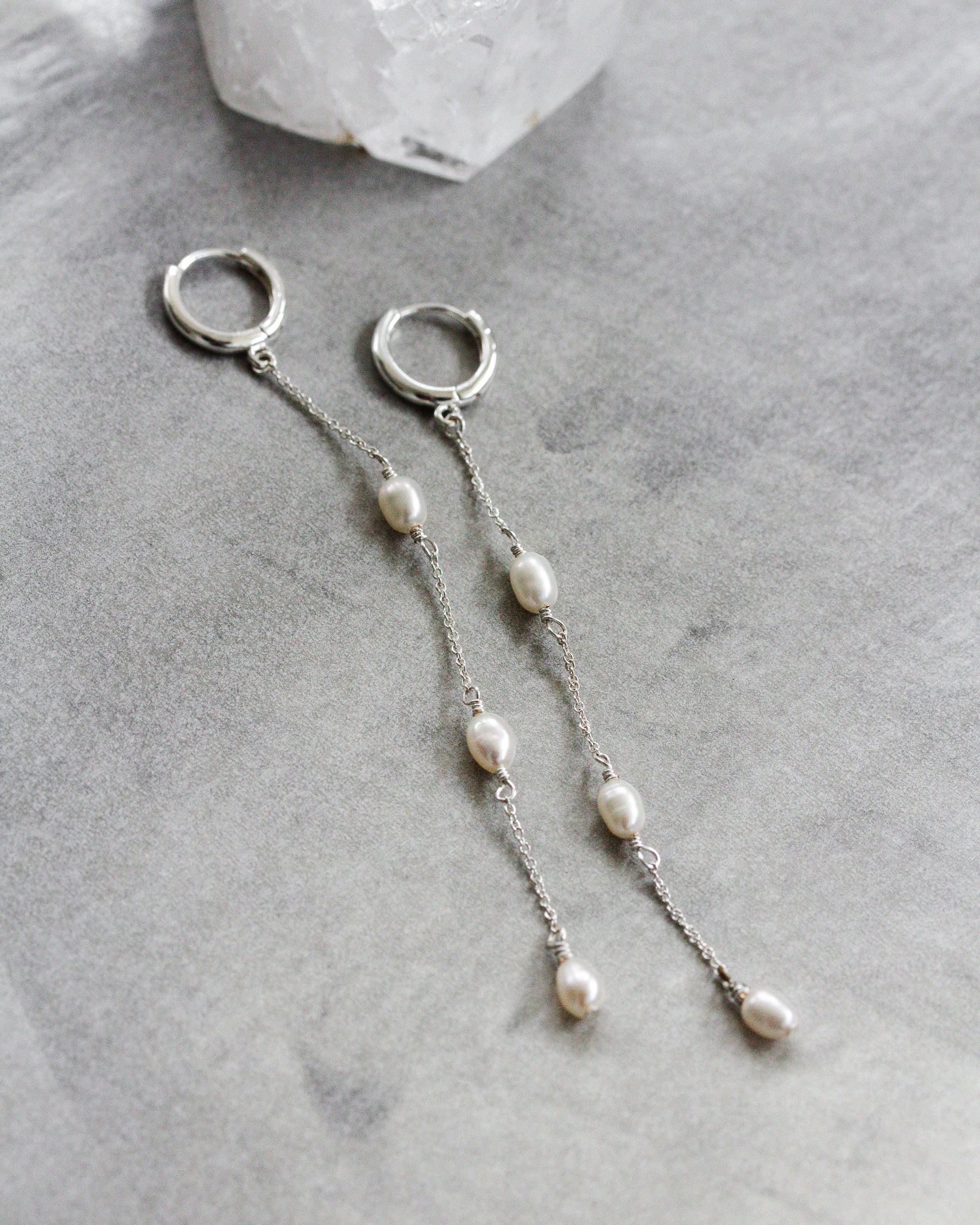 Luna Norte - Stacked Pearl Huggie Hoop Earrings Silver -