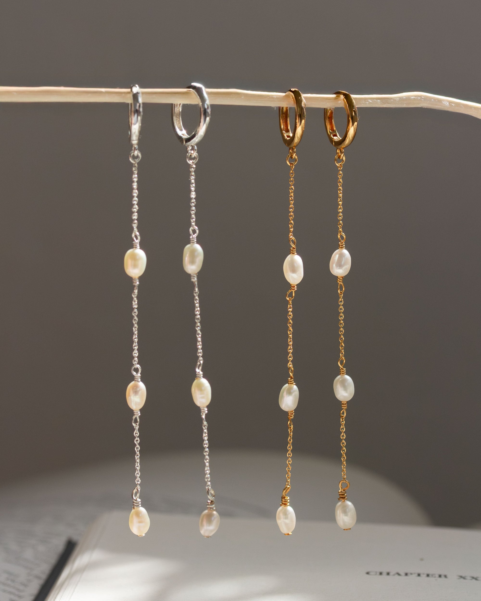 Luna Norte - Stacked Pearl Huggie Hoop Earrings Silver -