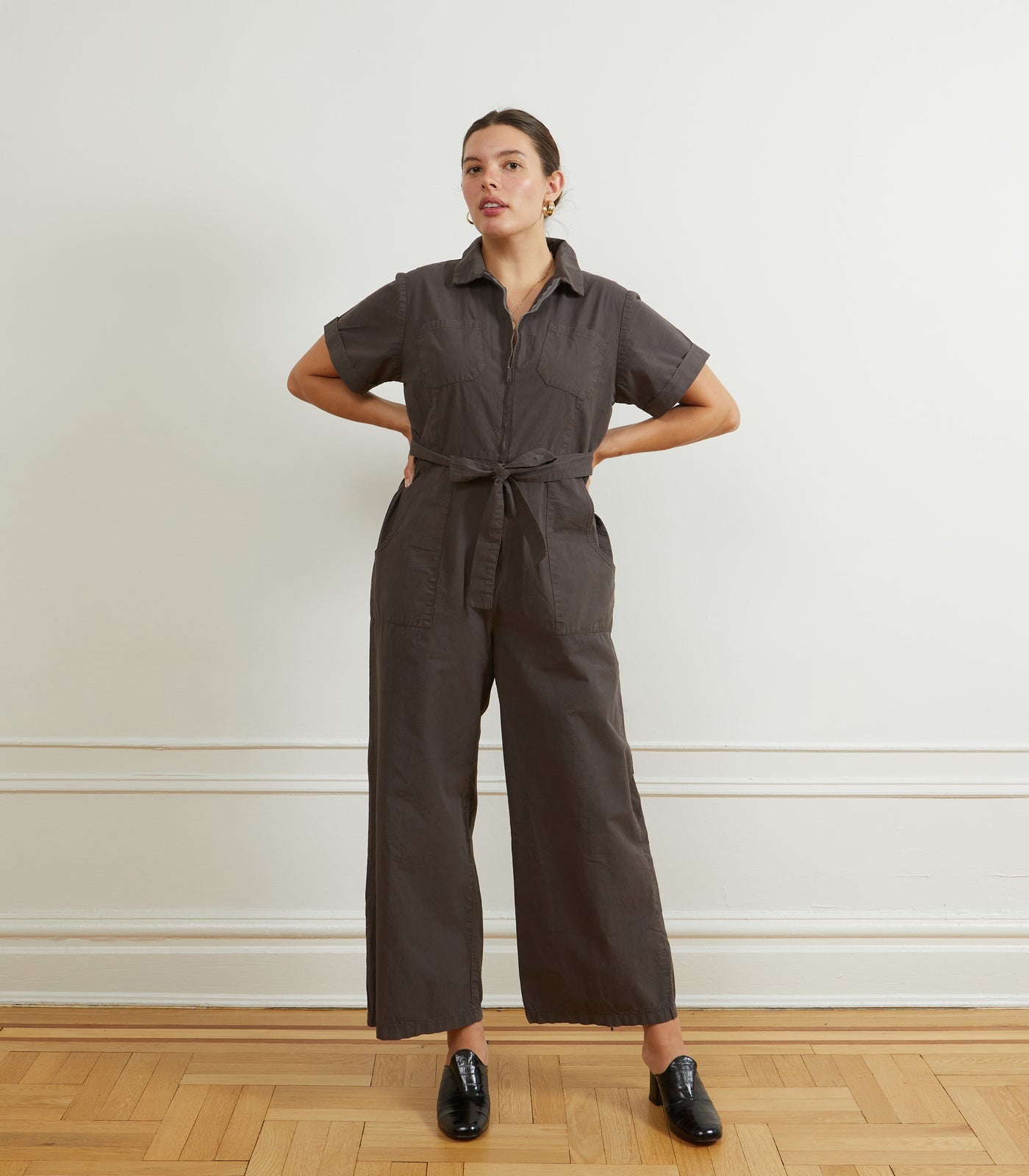 Loup - Poppy Short Sleeve Utility Jumpsuit- Espresso -