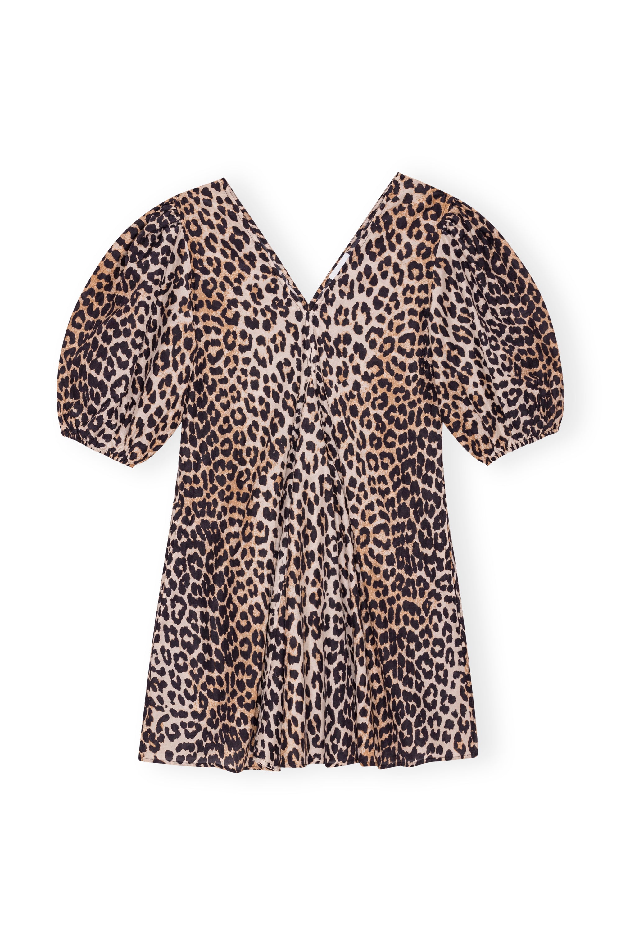 Ganni - Cotton Silk V-neck Mini Dress - Leopard -