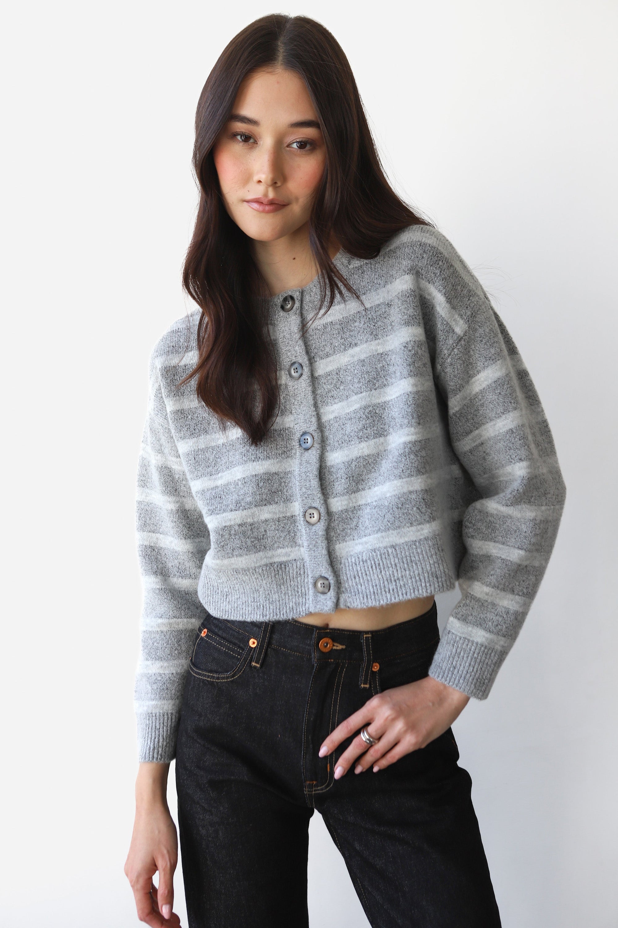 Callahan Knitwear - Fiona Cardigan - Heather Grey Stripe -