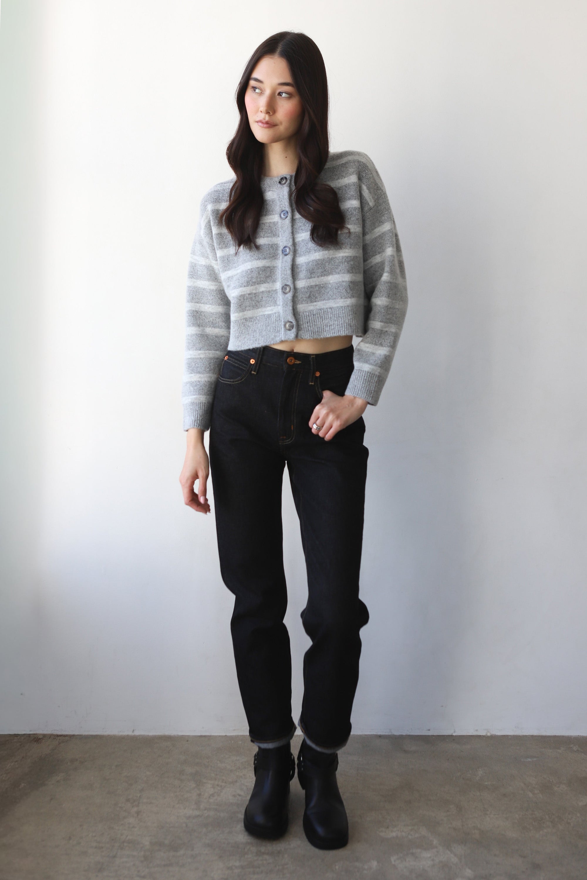 Callahan Knitwear - Fiona Cardigan - Heather Grey Stripe -