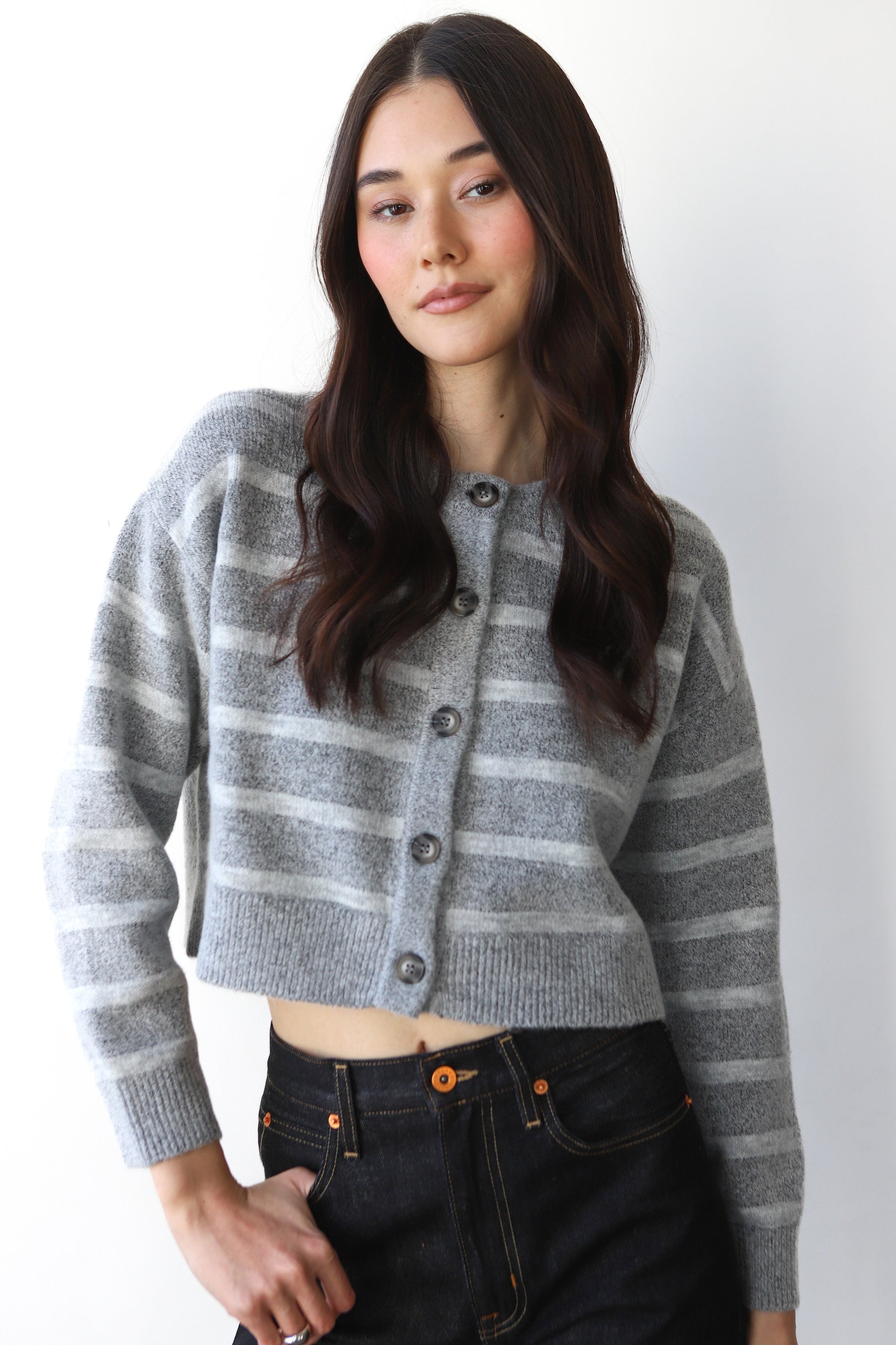 Callahan Knitwear - Fiona Cardigan - Heather Grey Stripe -