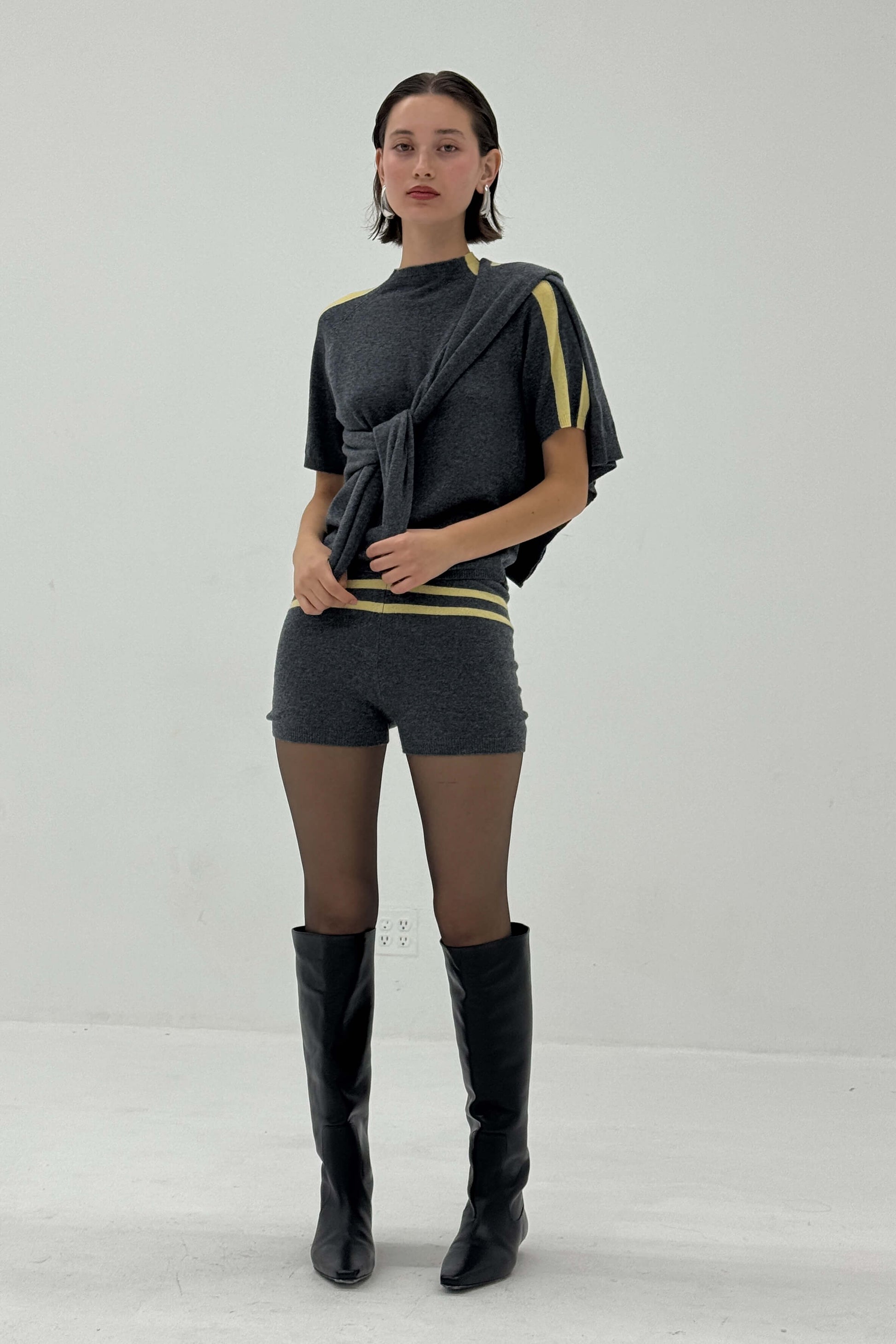 Find Me Now - Stripe Knit Shorts - Charcoal/Butter -