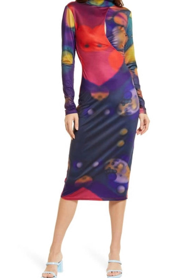 Tyler McGillivary - Gal Dress - Green/Pink Oil Wheel Print -
