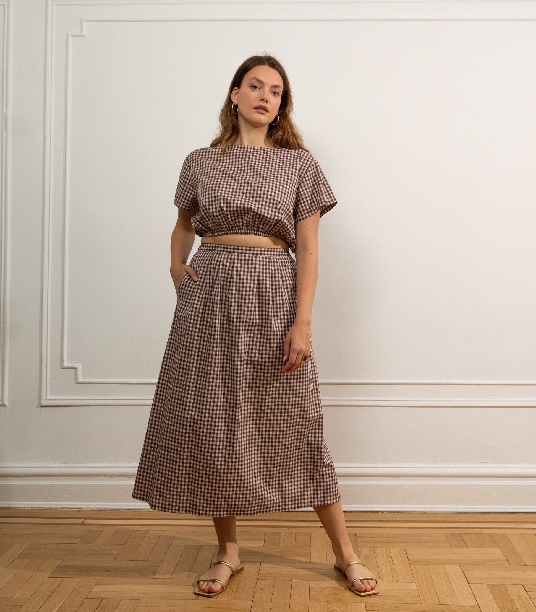 Cornielia Skirt in Brown & Cream Gingham Print | Loup