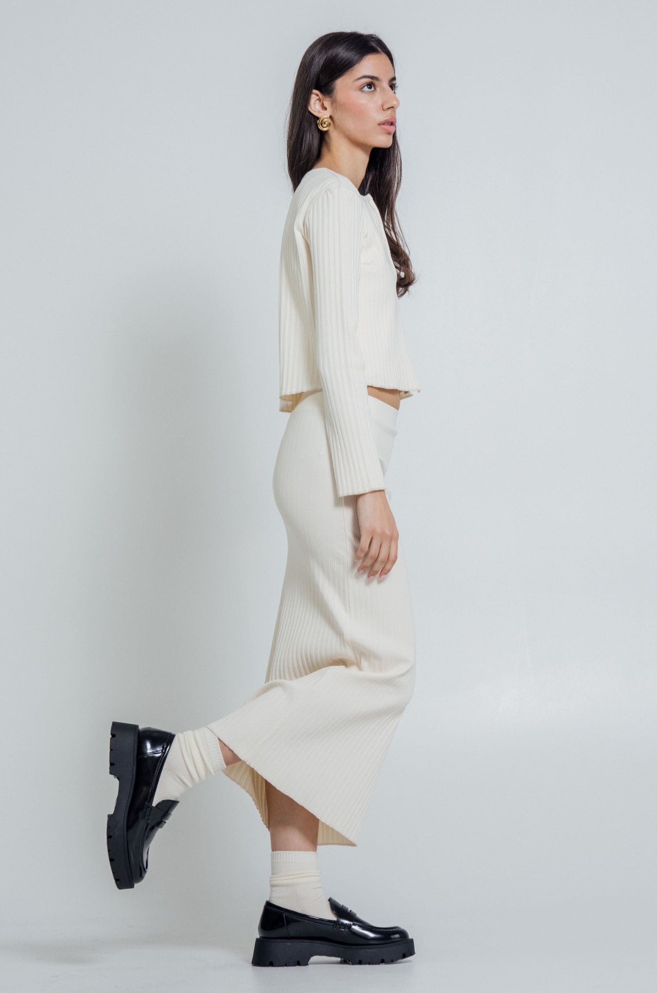 Wildflo Studio - Rib Knit Midi Skirt Ivory -