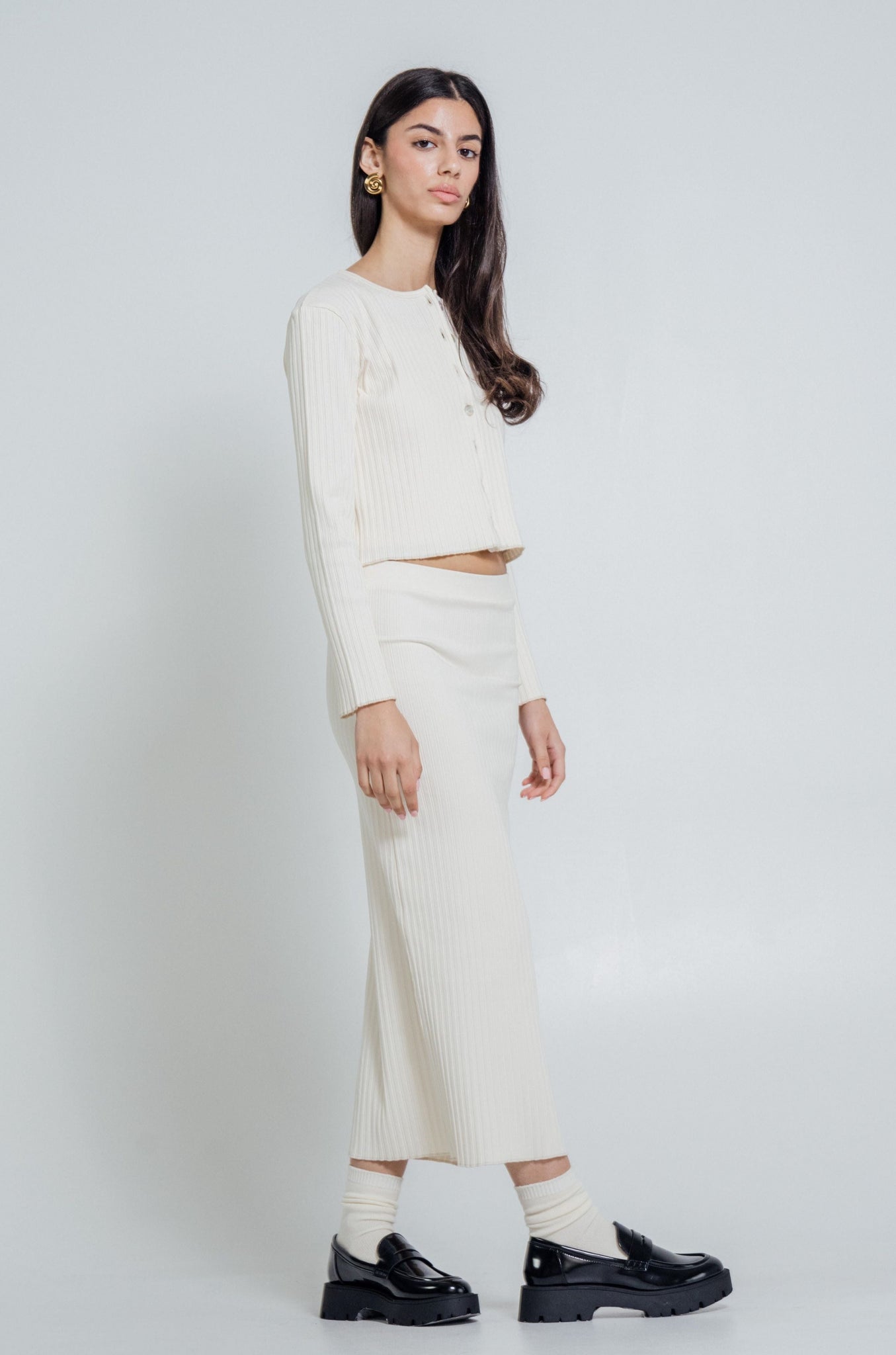 Wildflo Studio - Rib Knit Midi Skirt Ivory -