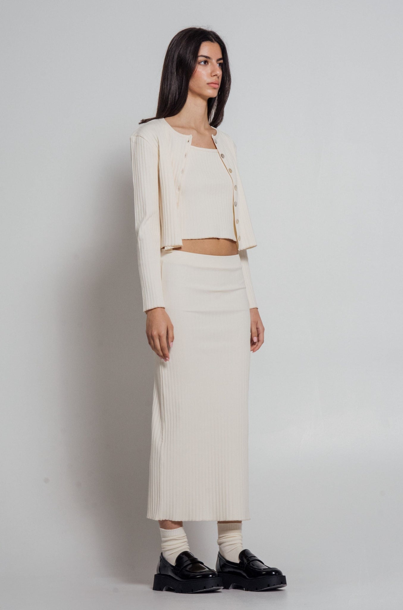 Wildflo Studio - Rib Knit Midi Skirt Ivory -