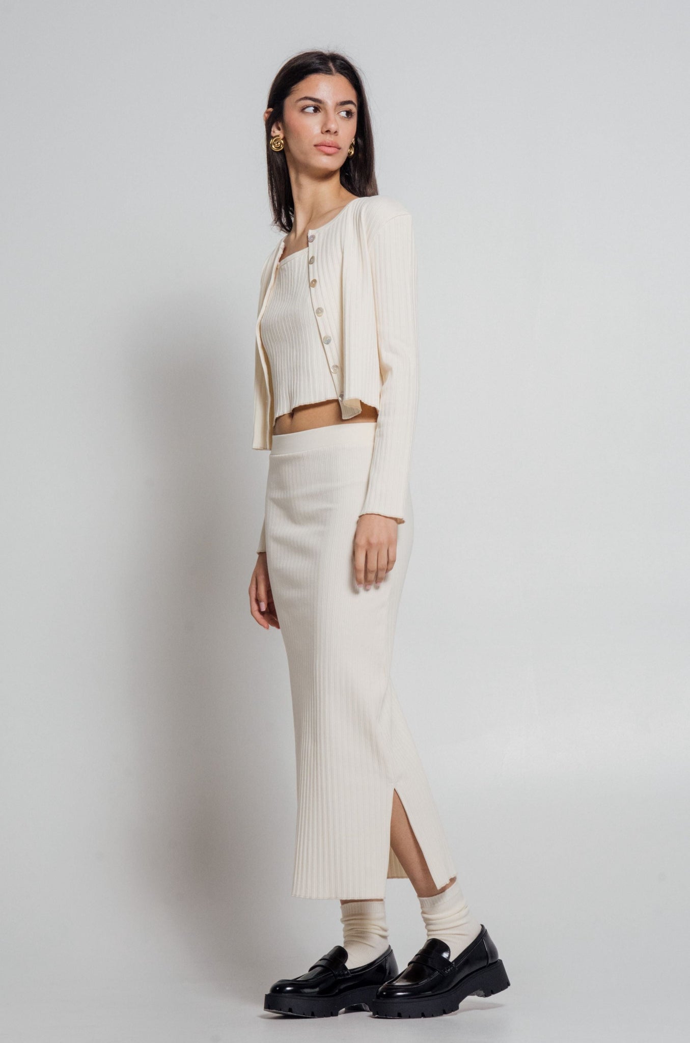 Wildflo Studio - Rib Knit Midi Skirt Ivory -