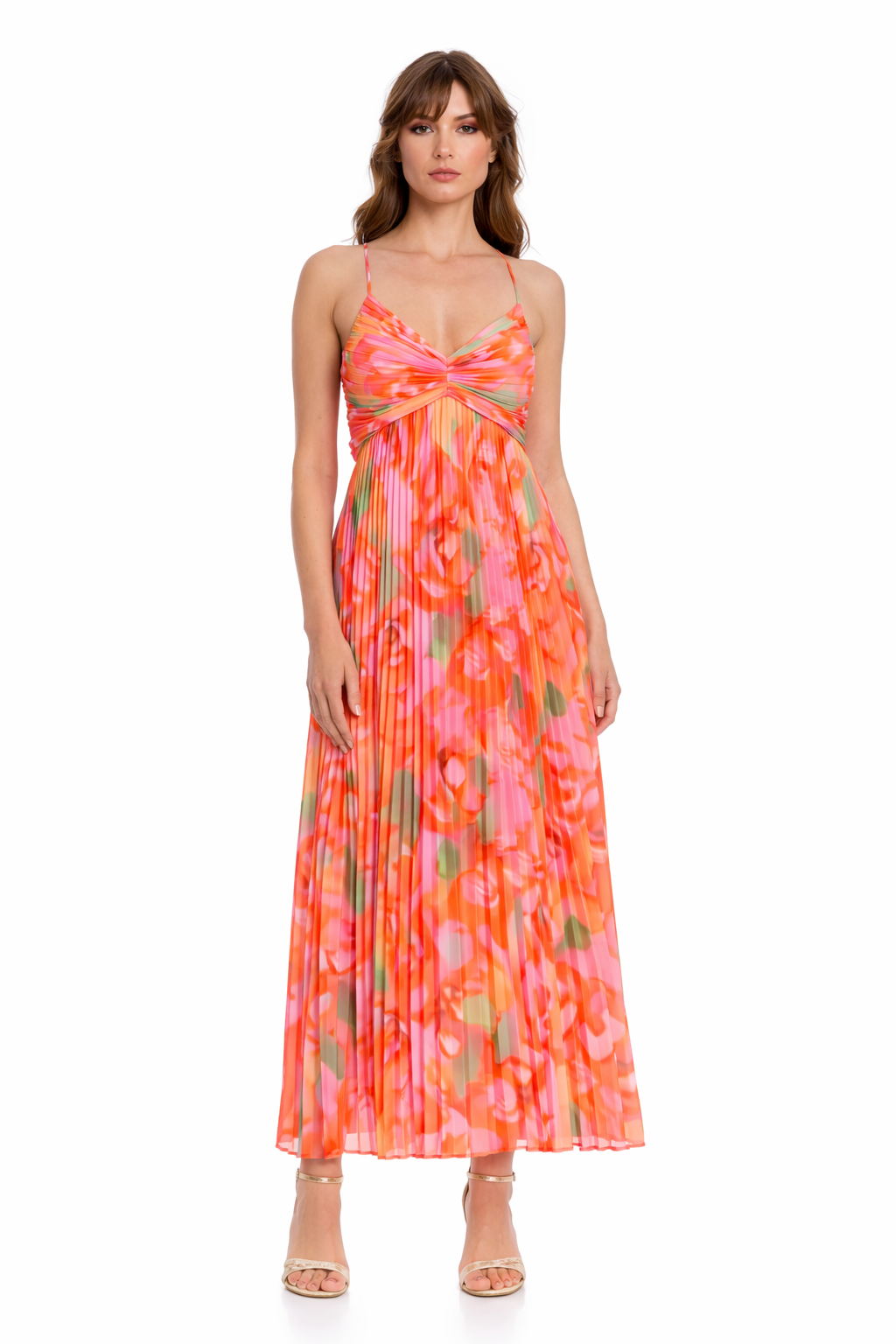 Jewel Badgley Mischka - Nelle Floral Print Pleated Maxi Dress - Coral Multi