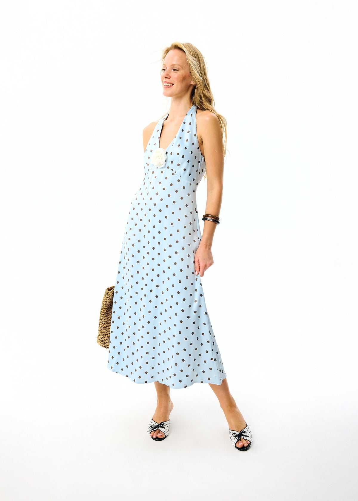 Sleeper - Jardin Halterneck Maxi Dress - Blue Polka Dot -