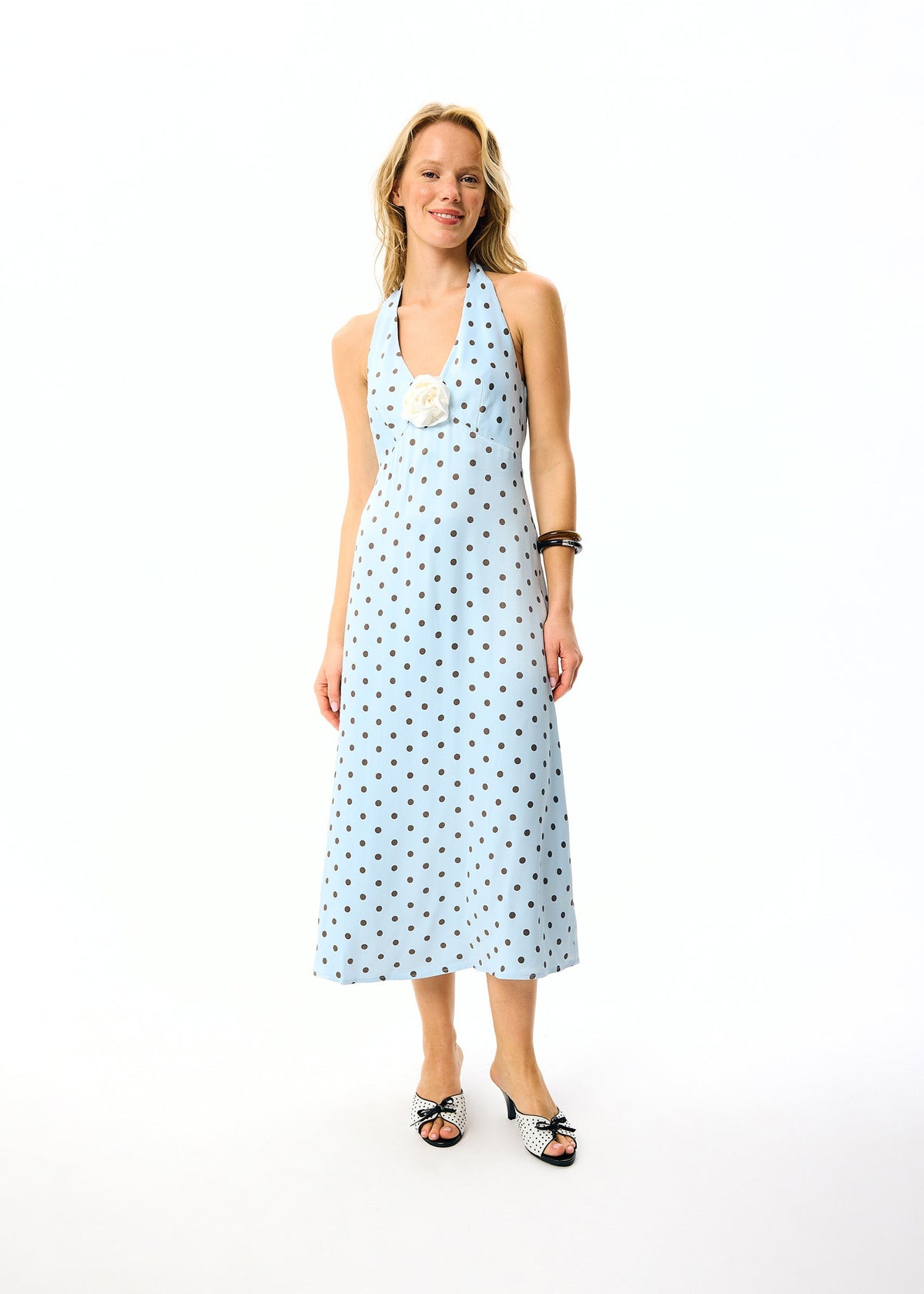 Sleeper - Jardin Halterneck Maxi Dress - Blue Polka Dot -
