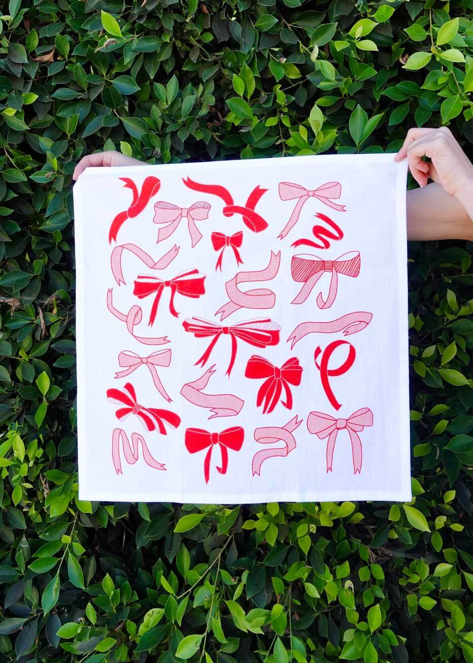Julie Peach - Bows on White Tea Towel -