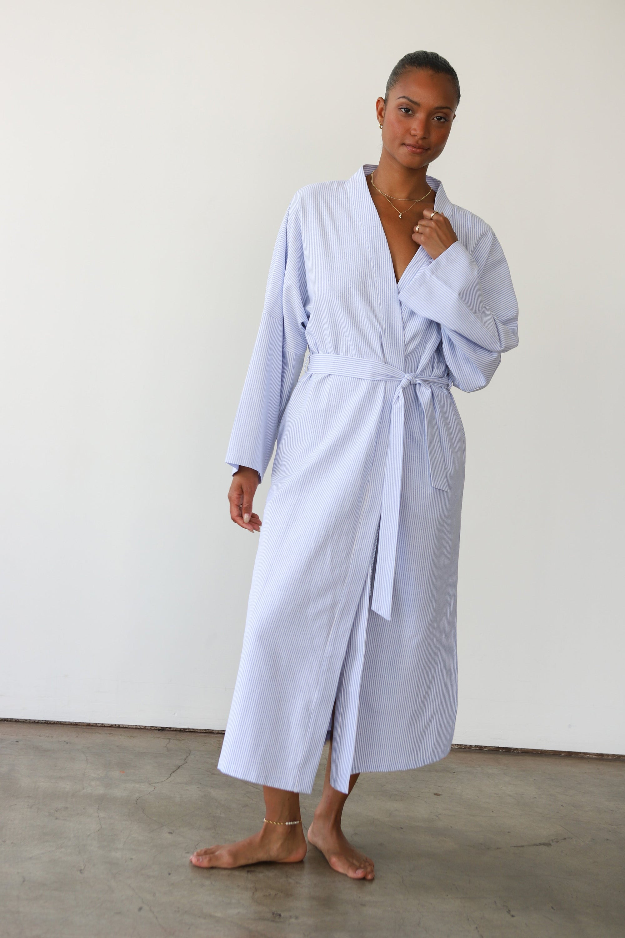 The Pinstripe Long Robe - Sky