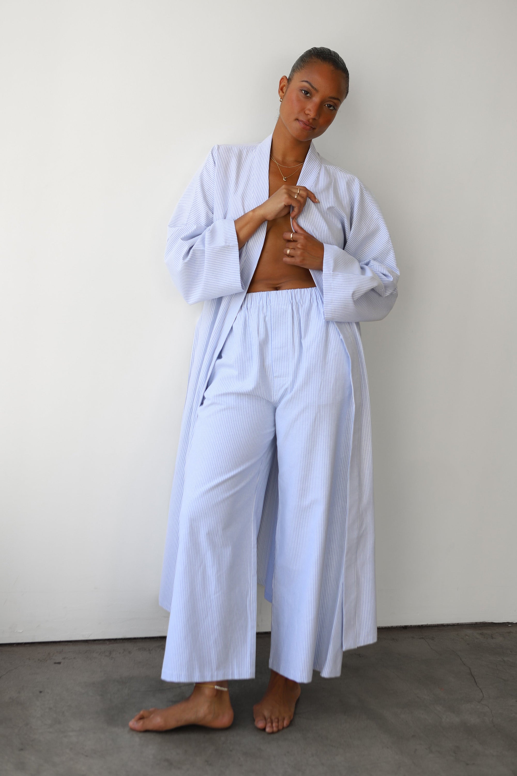 The Pinstripe Long Robe - Sky