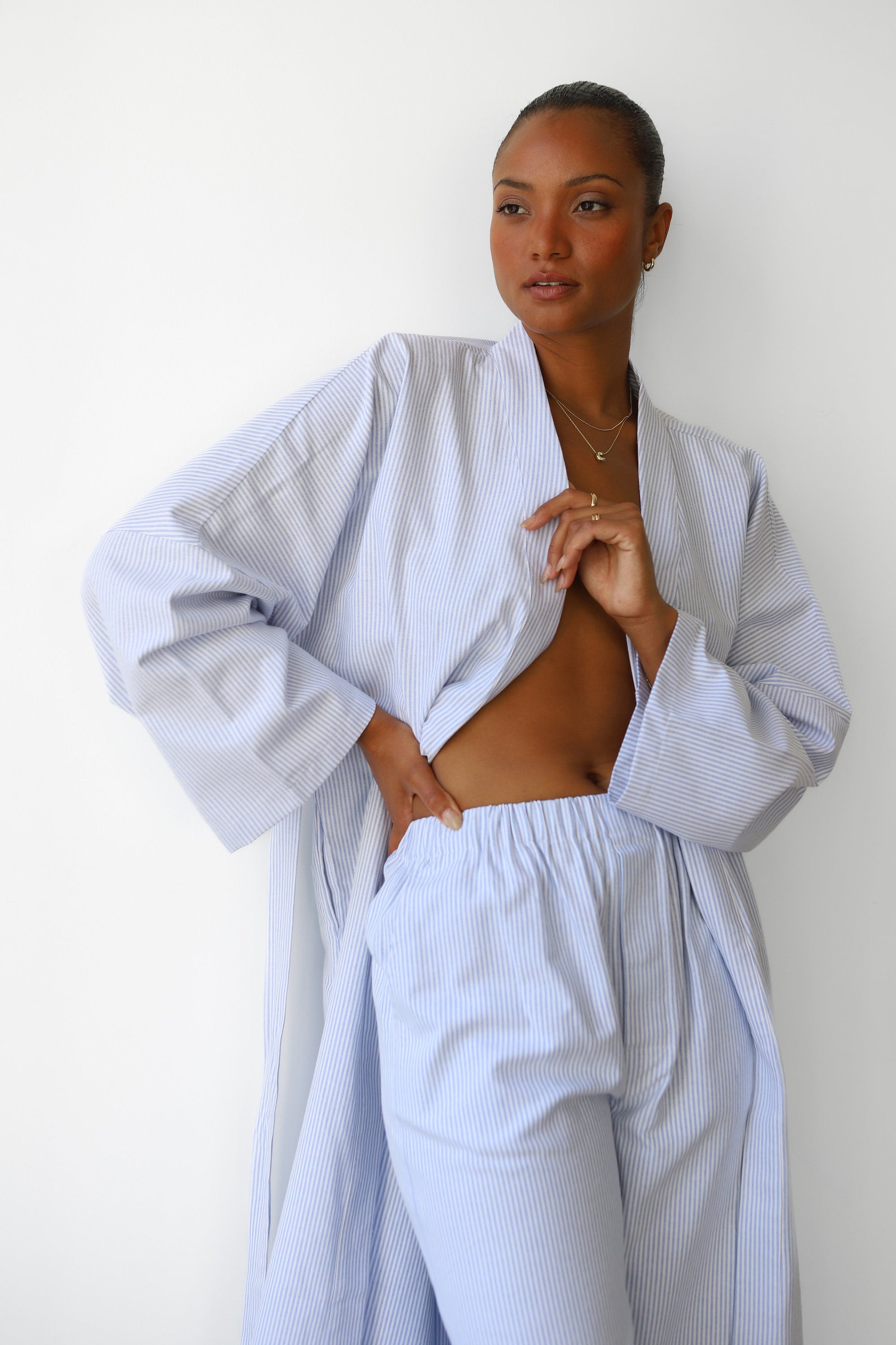 The Pinstripe Long Robe - Sky
