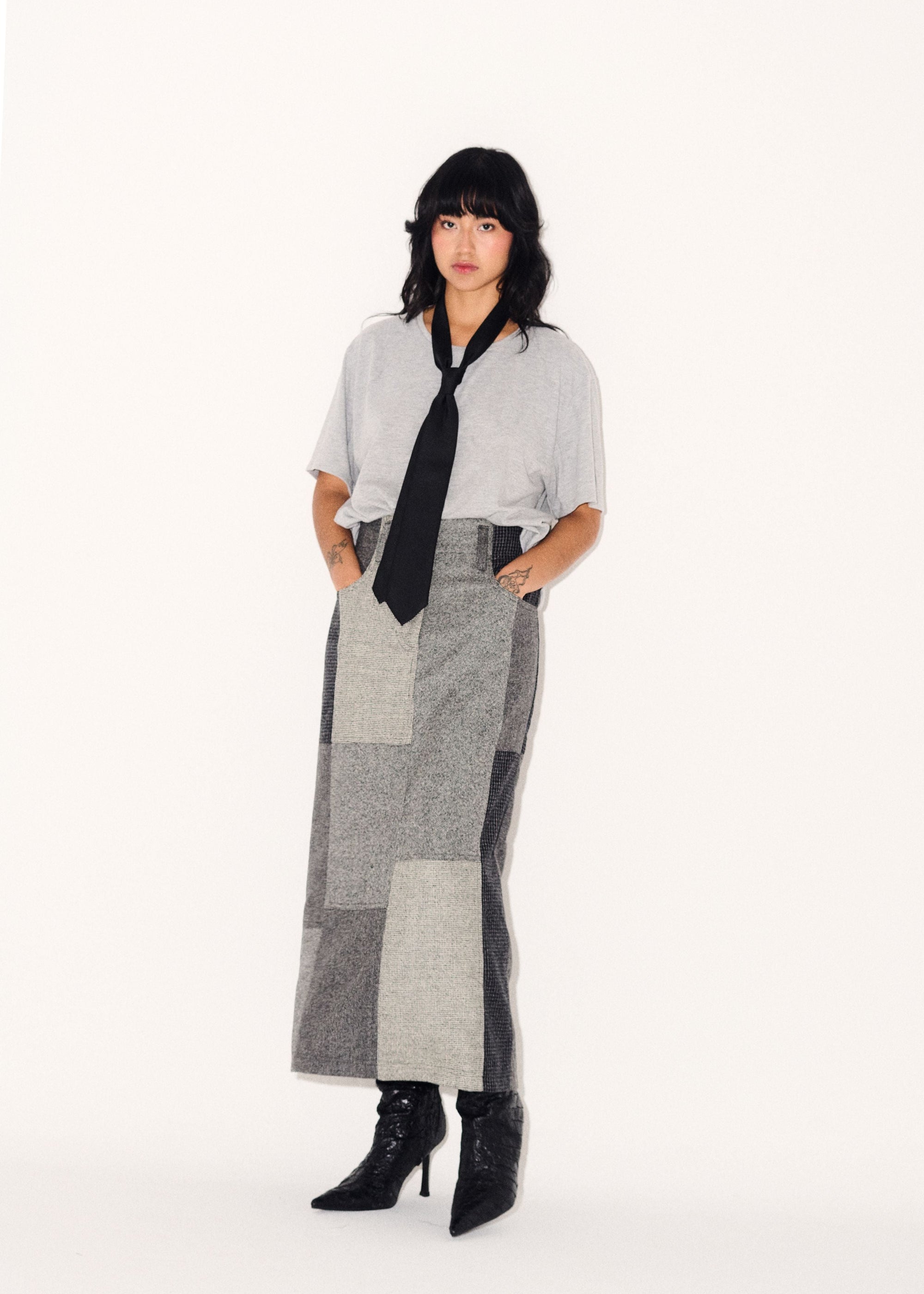Loti - Juana Column Midi Skirt - Grey Patchwork -