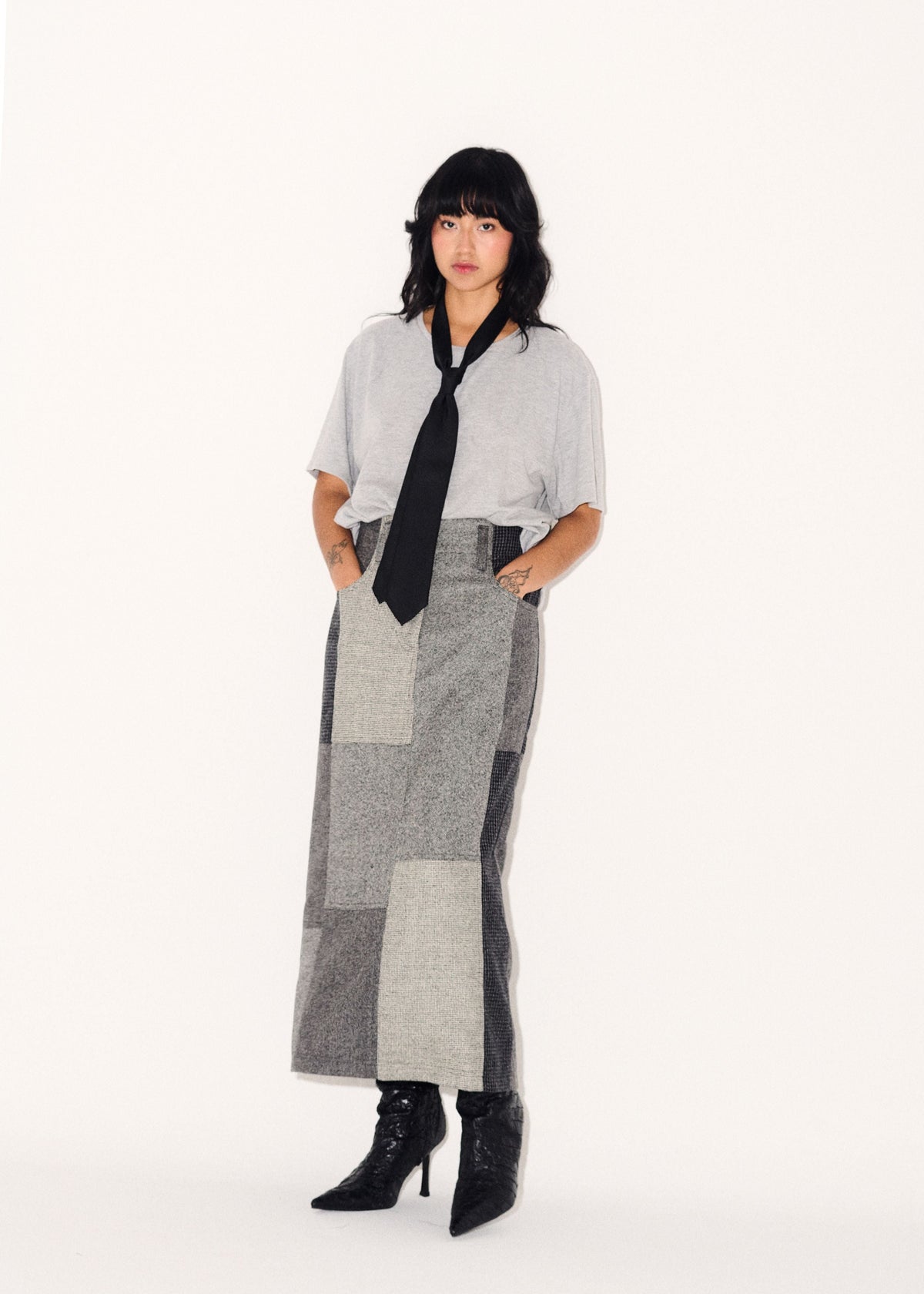 Loti - Juana Column Midi Skirt - Grey Patchwork -