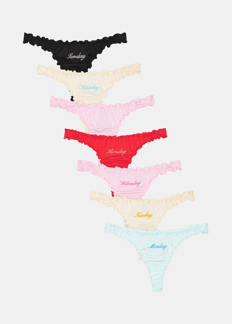 Organic Basics - Core Ruffled Thong Week-Pack - Seafoam / Fairy Pink / Dragon Red / Soft Vanilla / Black -