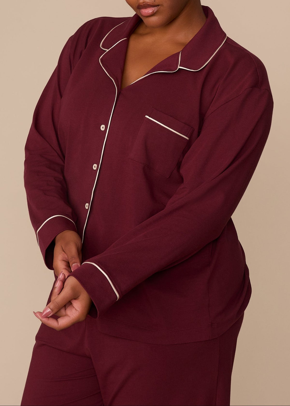 Harper Wilde - Perfect Pima Long Sleeve Button Up (Piping) - Bordeaux -