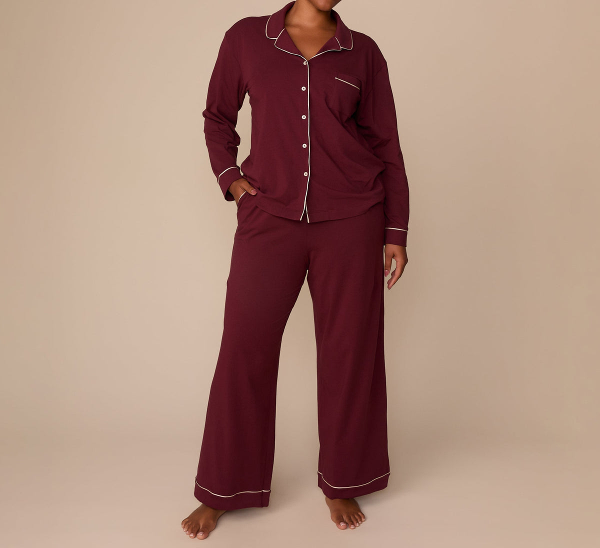 Harper Wilde - Perfect Pima Long Sleeve Button Up (Piping) - Bordeaux -