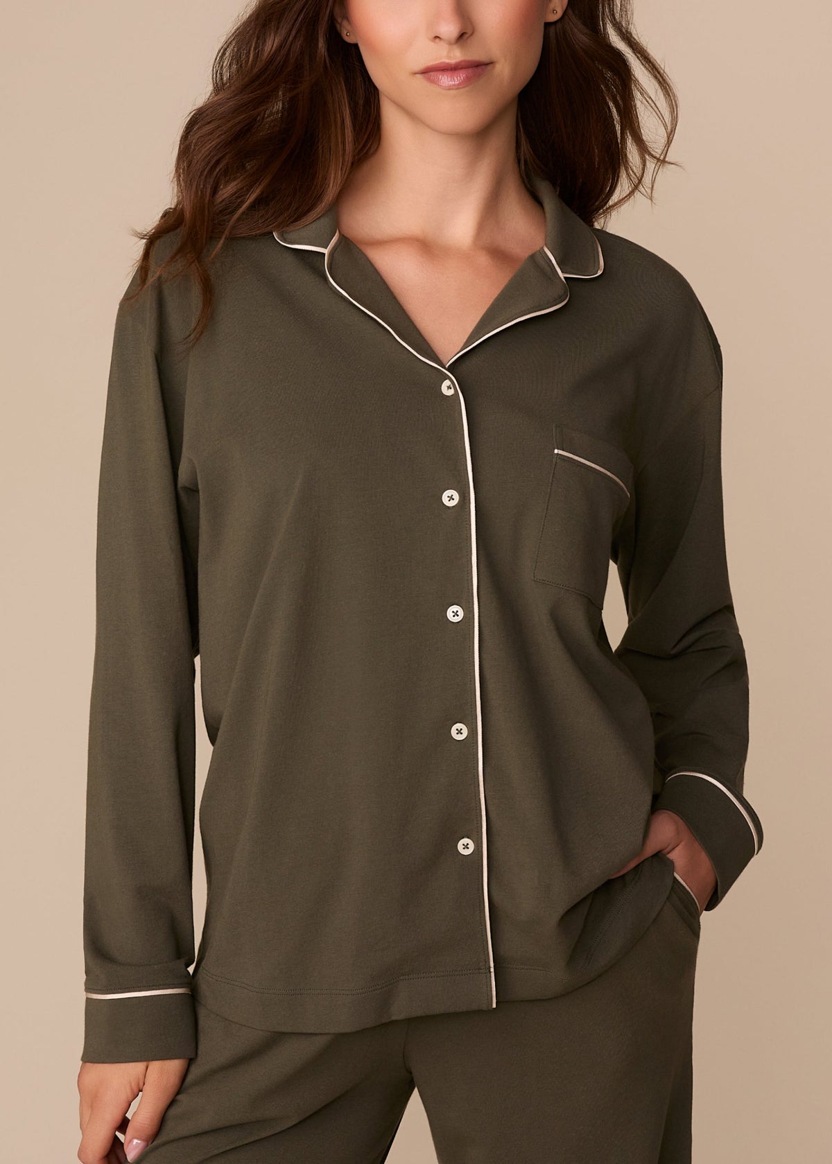 Harper Wilde - Perfect Pima Long Sleeve Button Up (Piping) - Olive -