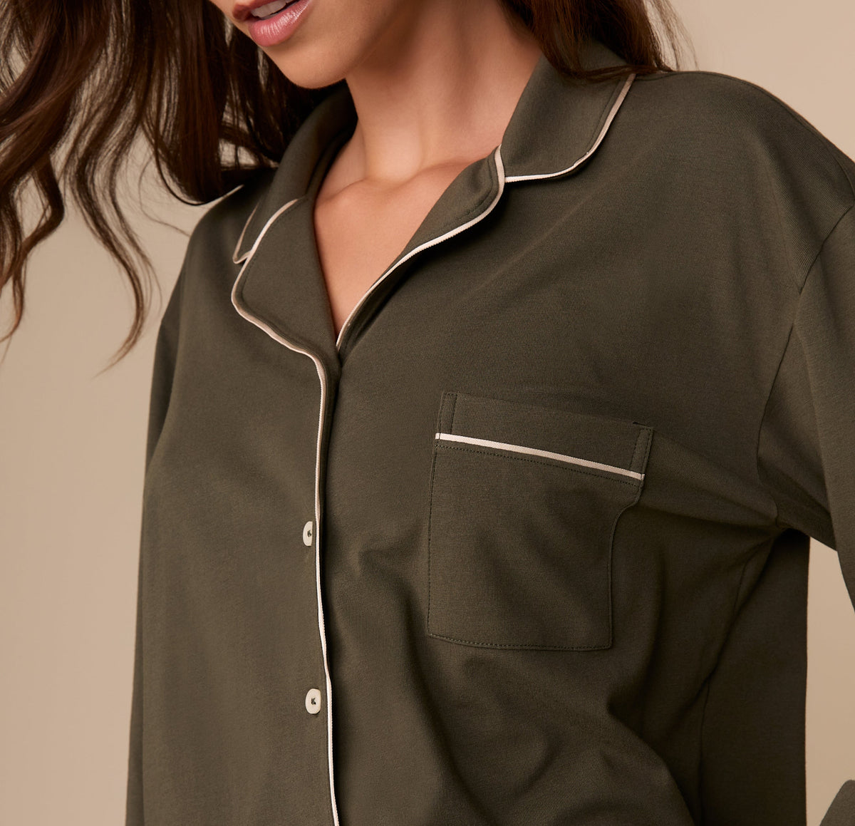 Harper Wilde - Perfect Pima Long Sleeve Button Up (Piping) - Olive -
