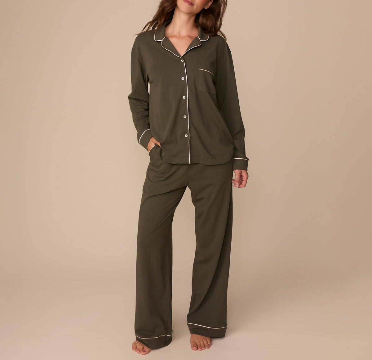 Harper Wilde - Perfect Pima Long Sleeve Button Up (Piping) - Olive -