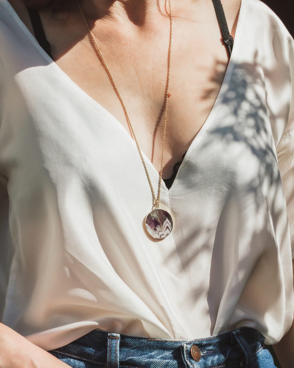 Luna Norte - Chevron Amethyst Medallion Long Necklace -