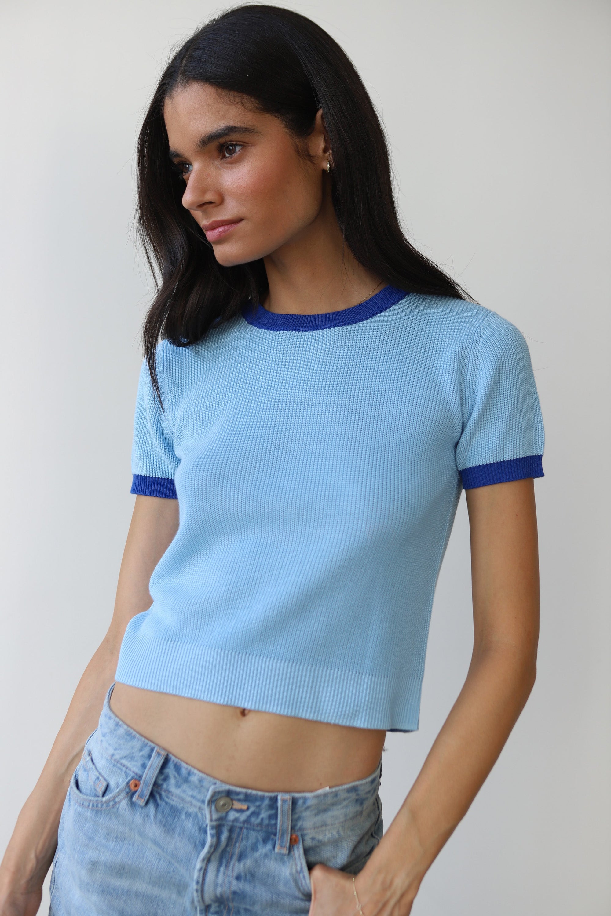 Callahan Knitwear - The Ringer Knit Tee - Capri Blue -