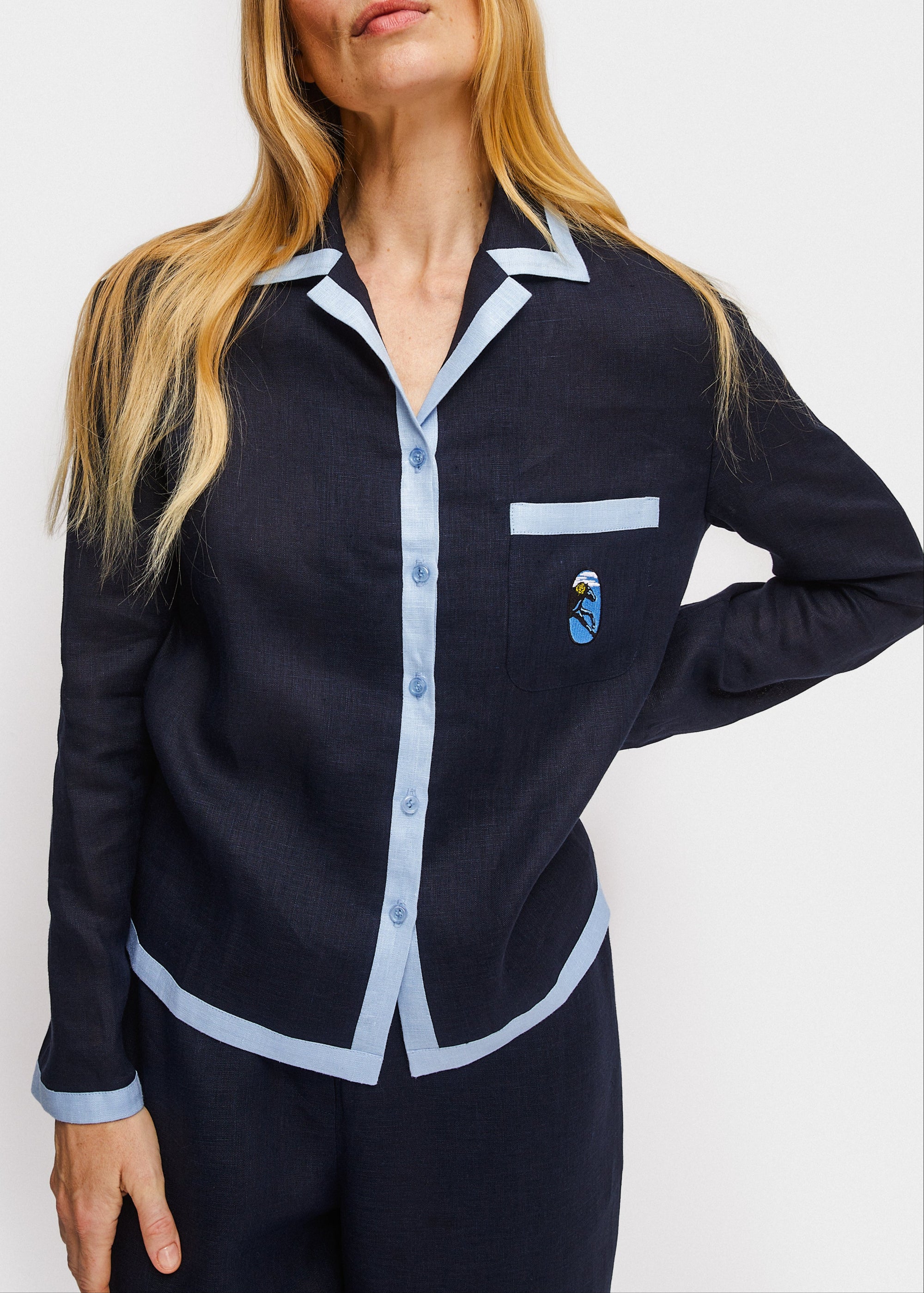 Sleeper - Garrick Embroidered Linen Shirt - Navy -