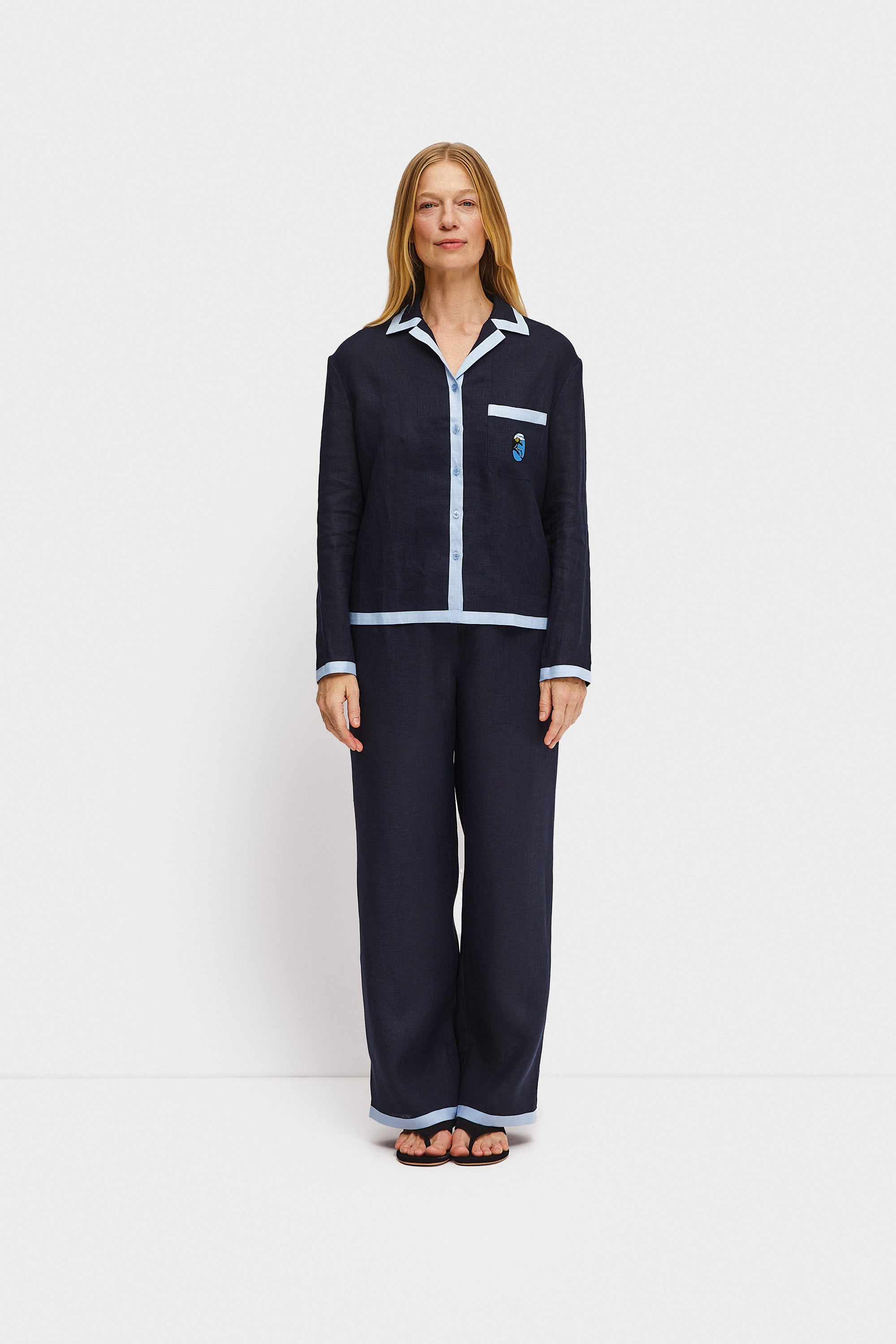 Sleeper - Garrick Embroidered Linen Shirt - Navy -
