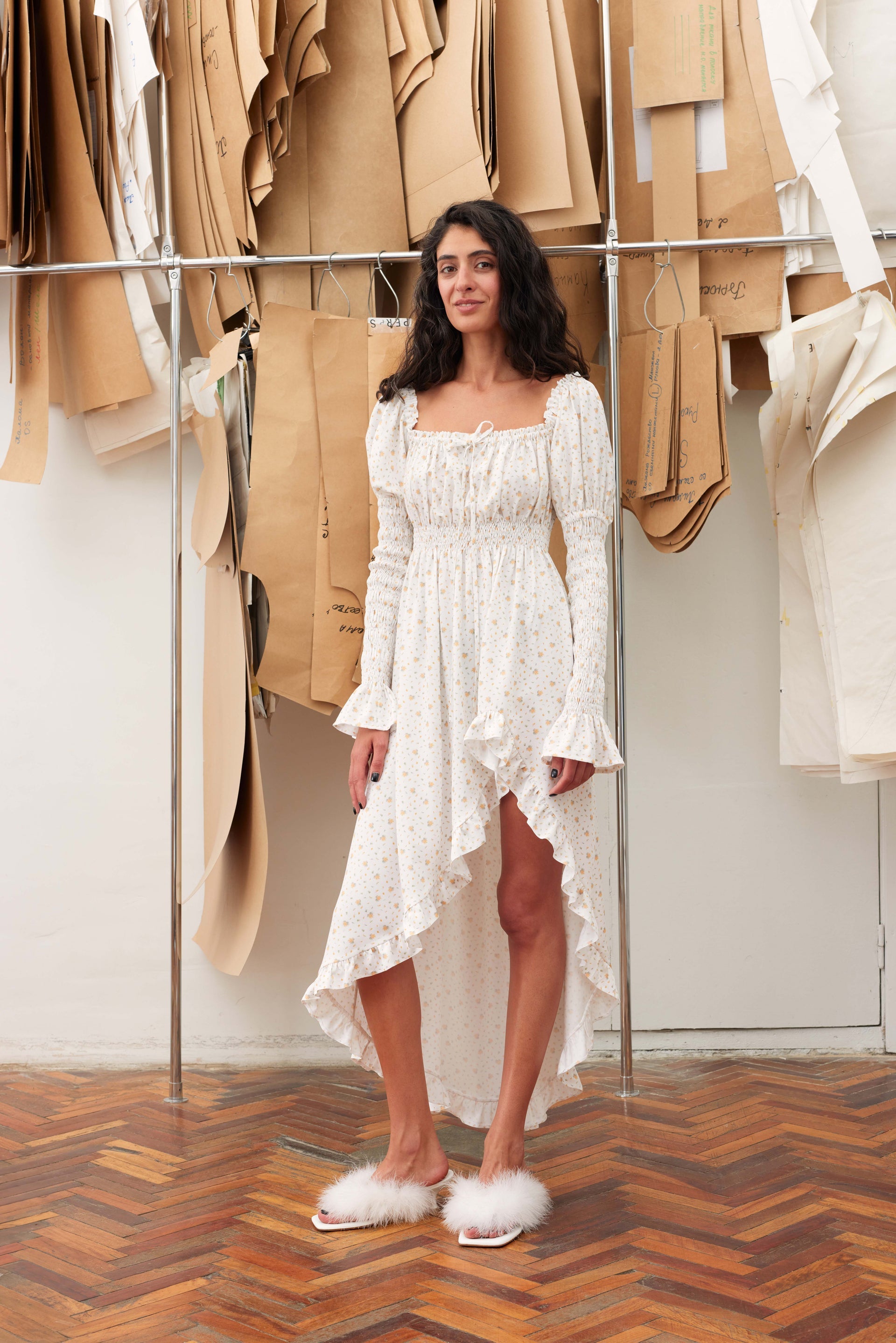 Sleeper - Wild Angel Shirred Asymmetric Dress in Mimosa Print -