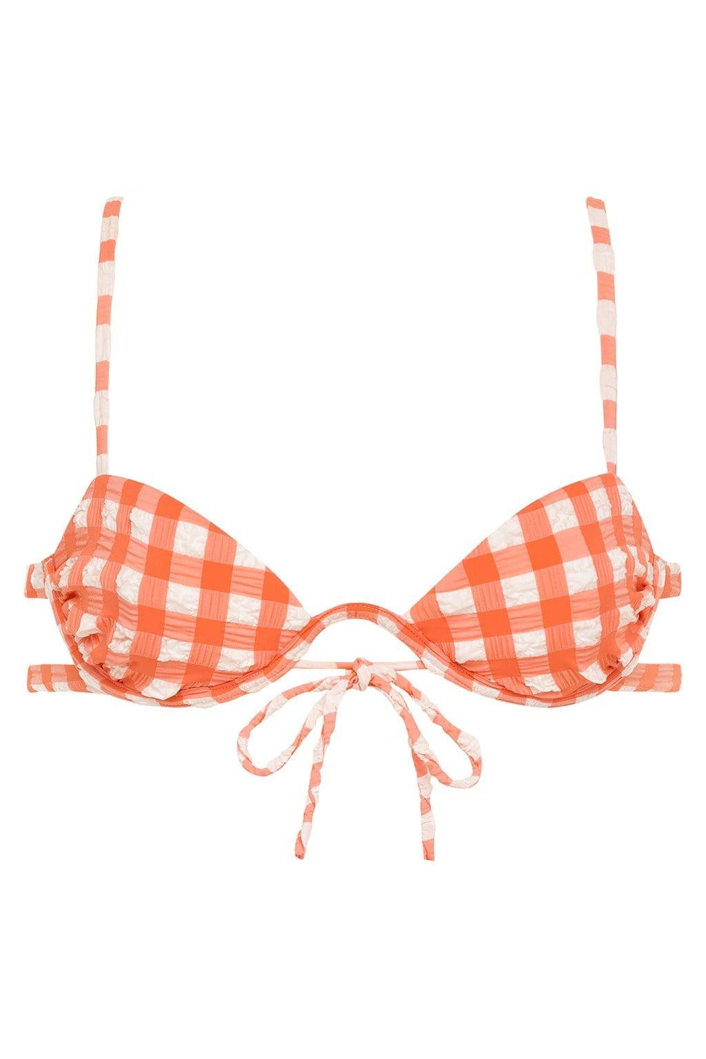 Montce - Shrimp Gingham Elany Tie-Up Bikini Top -