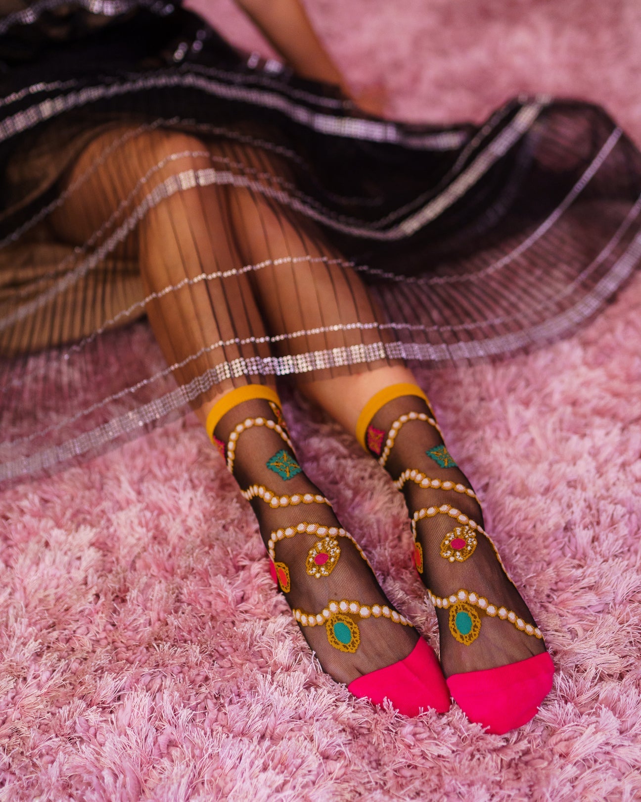 Sock Candy - Pearls & Jewels Black Sheer Ankle Sock -