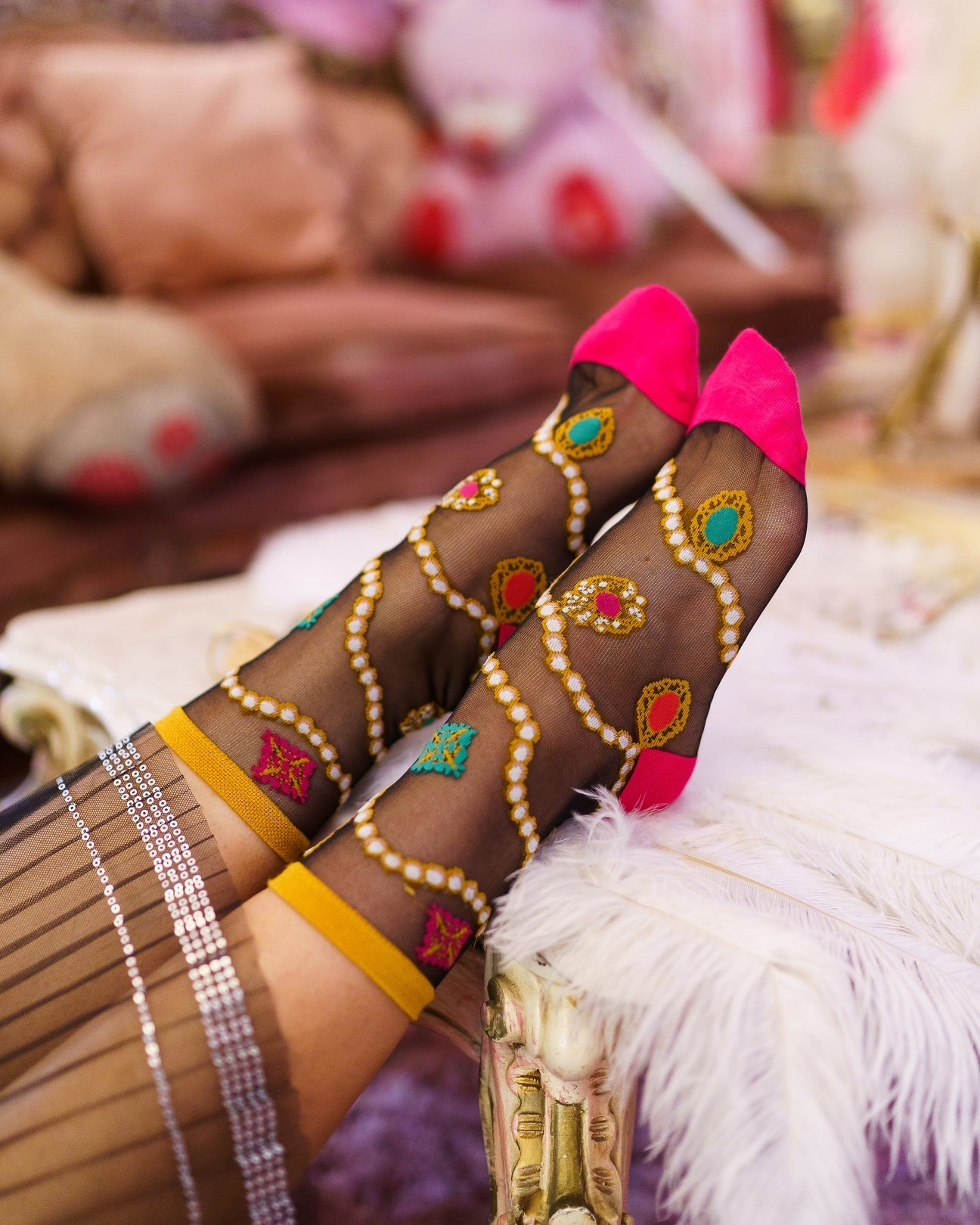 Sock Candy - Pearls & Jewels Black Sheer Ankle Sock -