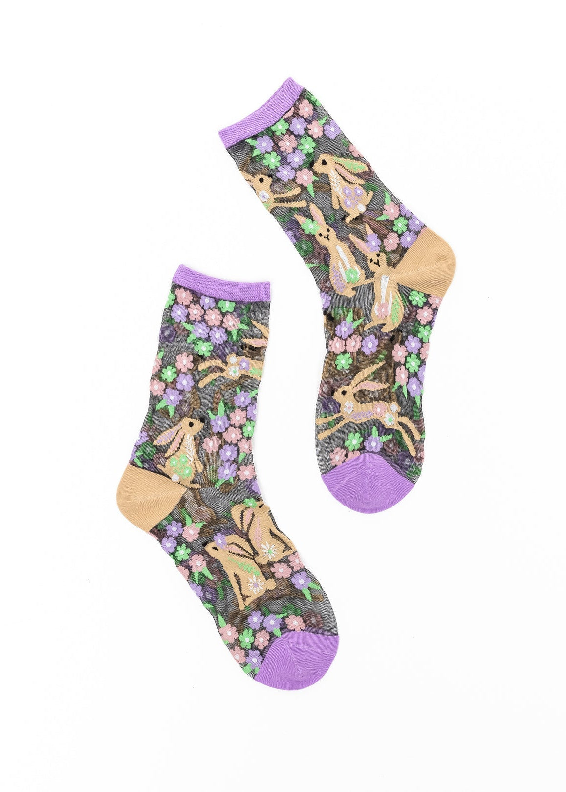 Sock Candy - Rabbit Floral Black Sheer Crew Sock -